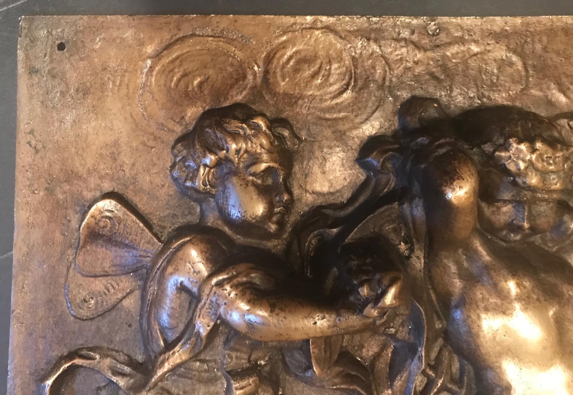 Cast 19th Century Heavy French Bronze Relief Plaque of 3 Putti with Instruments