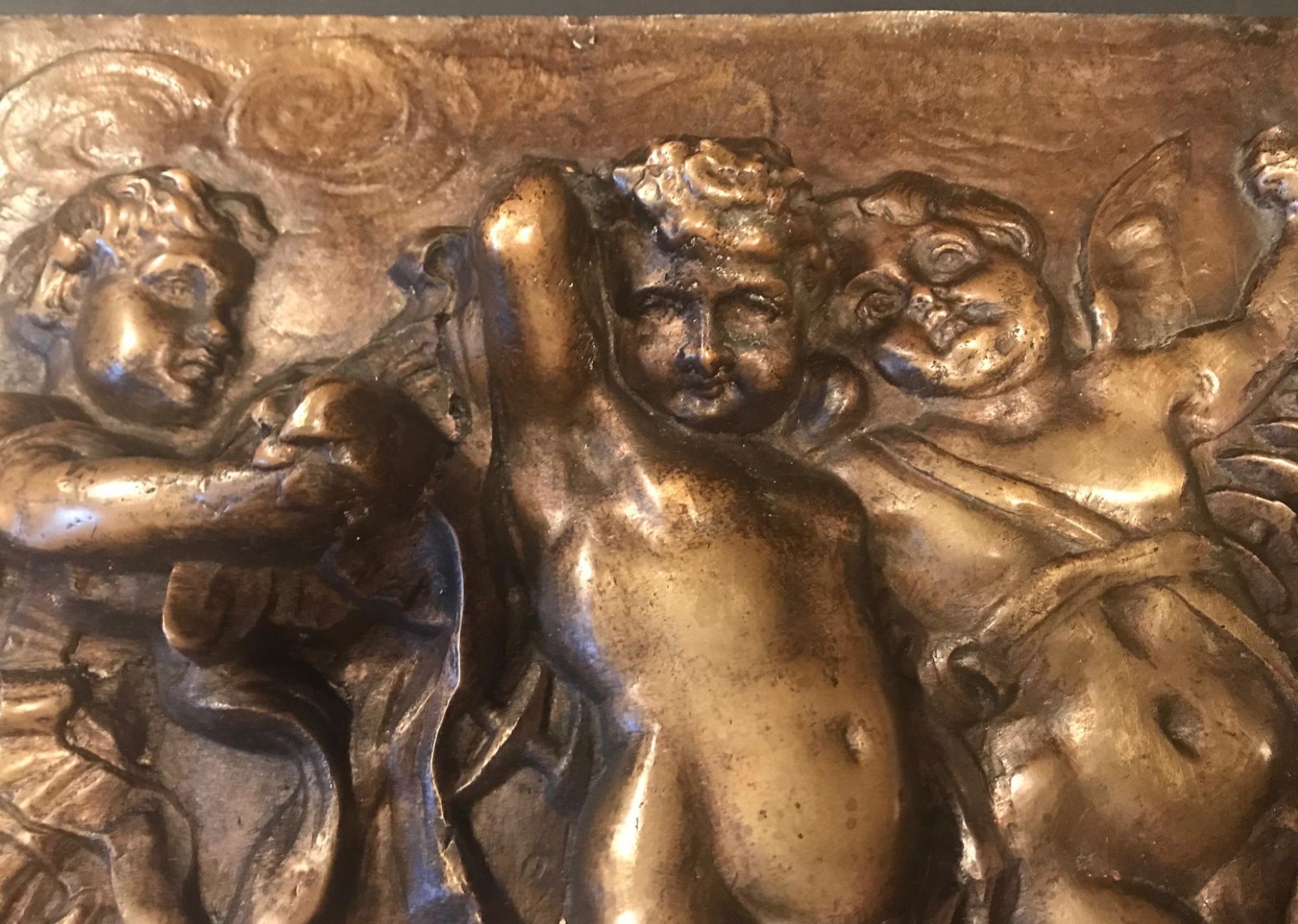 19th Century Heavy French Bronze Relief Plaque of 3 Putti with Instruments 2
