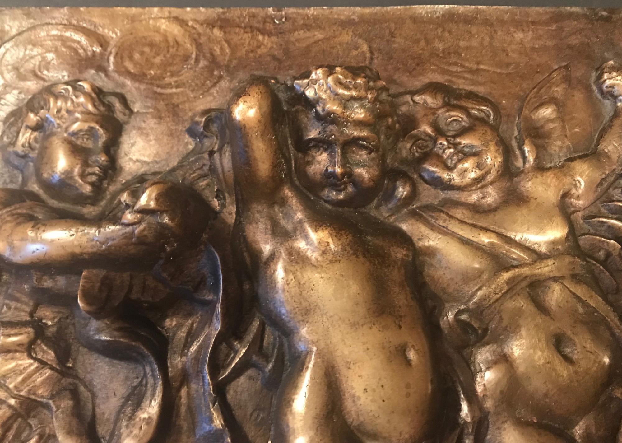 19th Century Heavy French Bronze Relief Plaque of 3 Putti with Instruments 3