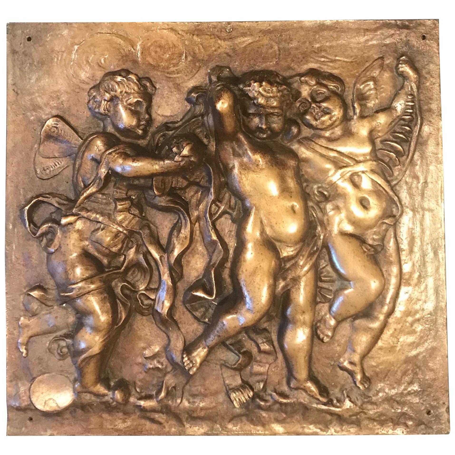 19th Century Heavy French Bronze Relief Plaque of 3 Putti with Instruments