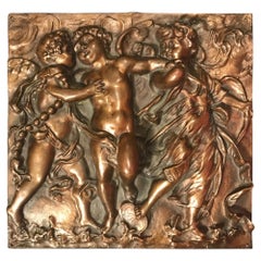 19th Century Heavy French Bronze Relief Plaque of Three Dancing Putti