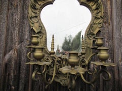 19th Century Heavy Gilt Brass Mirror with Five Branch Candelabra