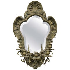 19th Century Heavy Gilt Brass Mirror with Five Branch Candelabra