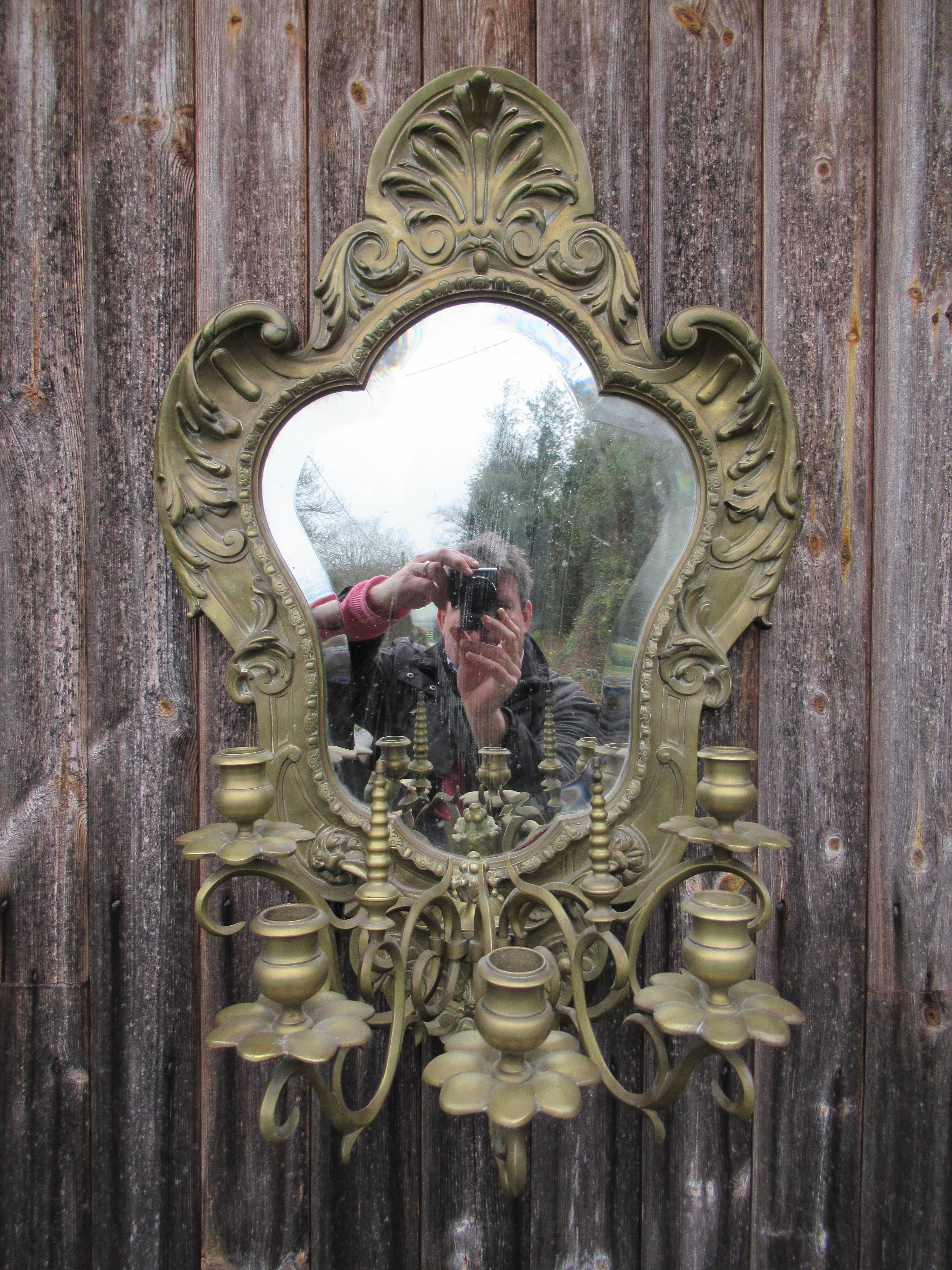 George II 19th Century Heavy Gilt Brass Mirror with Five Branch Candelabra For Sale