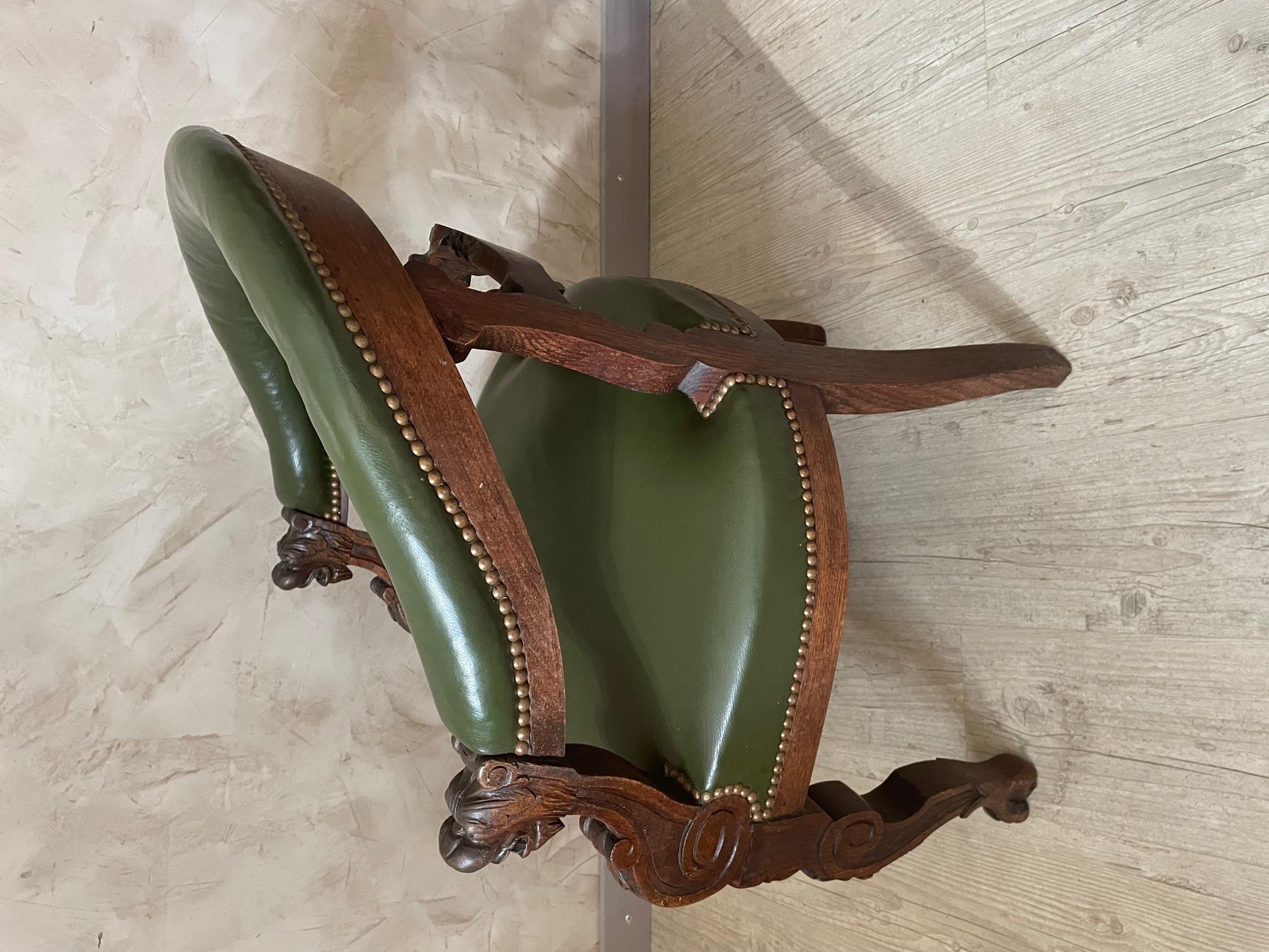 19th century Henri II Style Oak and Leather Desk Armchair, 1890s 6