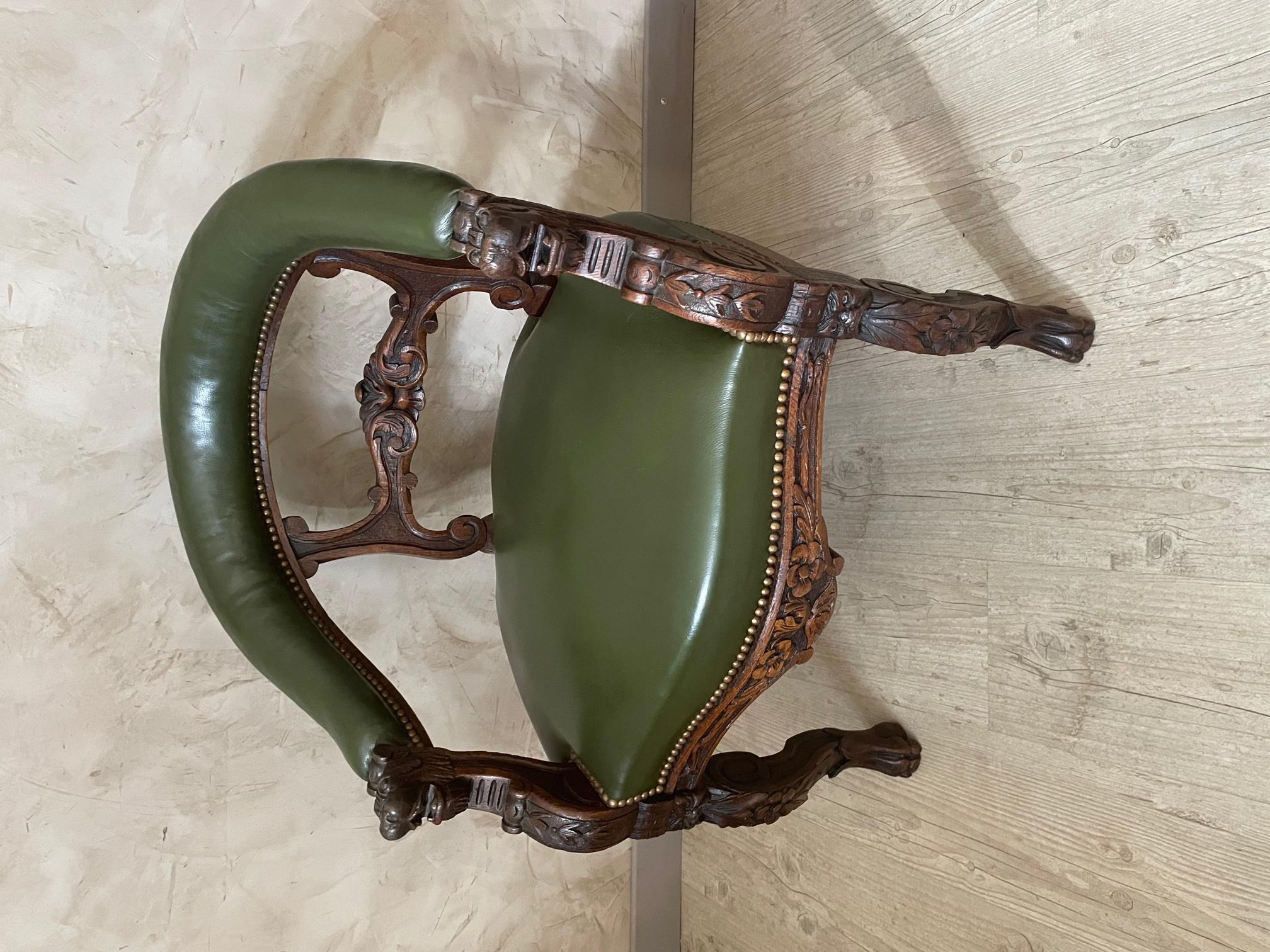 Very nice 19th century French Henri II Style Oak desk armchair from the 1890s. 
Seating and backrest made with green leather. 
Good condition and very confortable.
