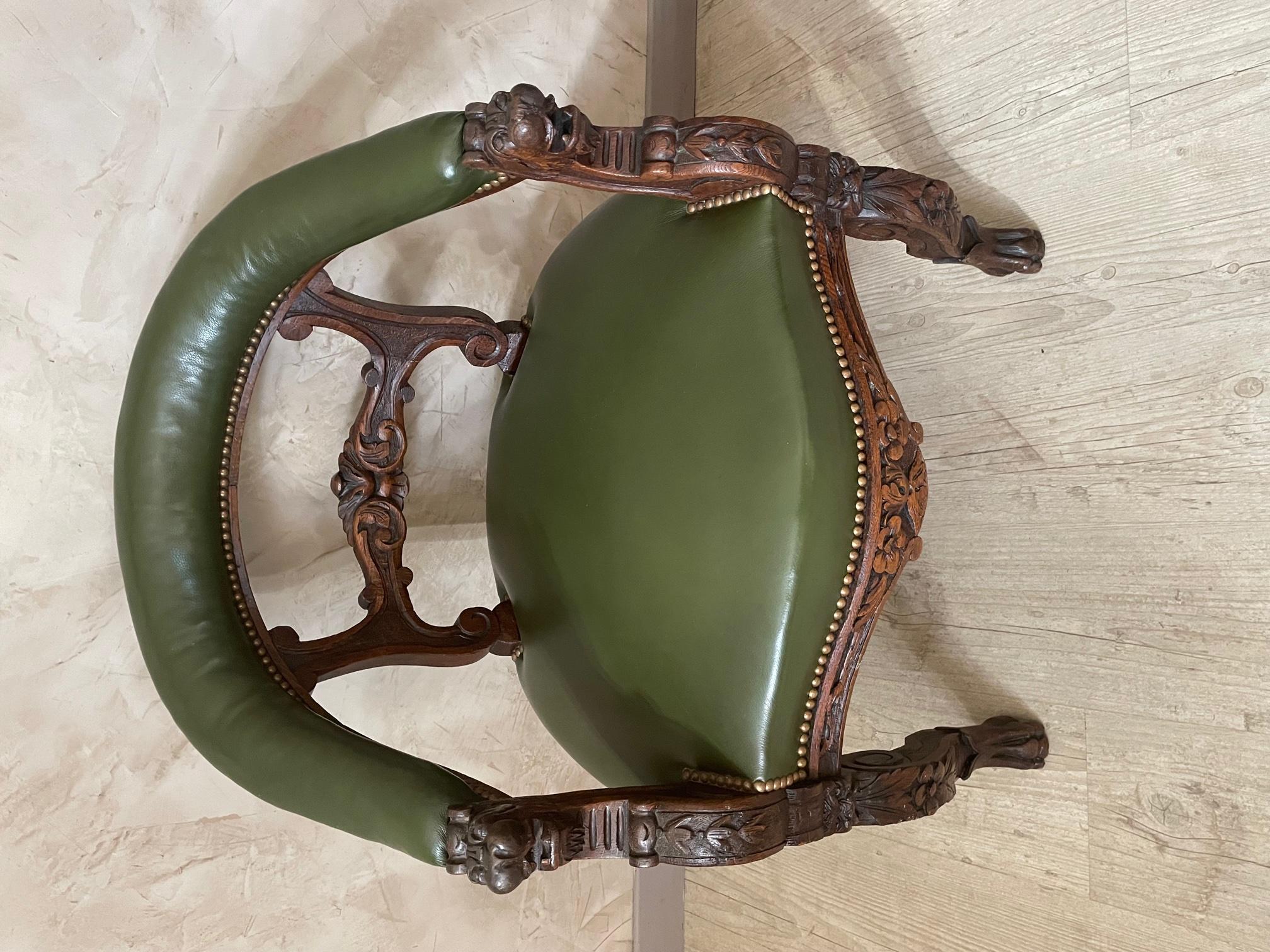 19th century Henri II Style Oak and Leather Desk Armchair, 1890s In Good Condition In LEGNY, FR