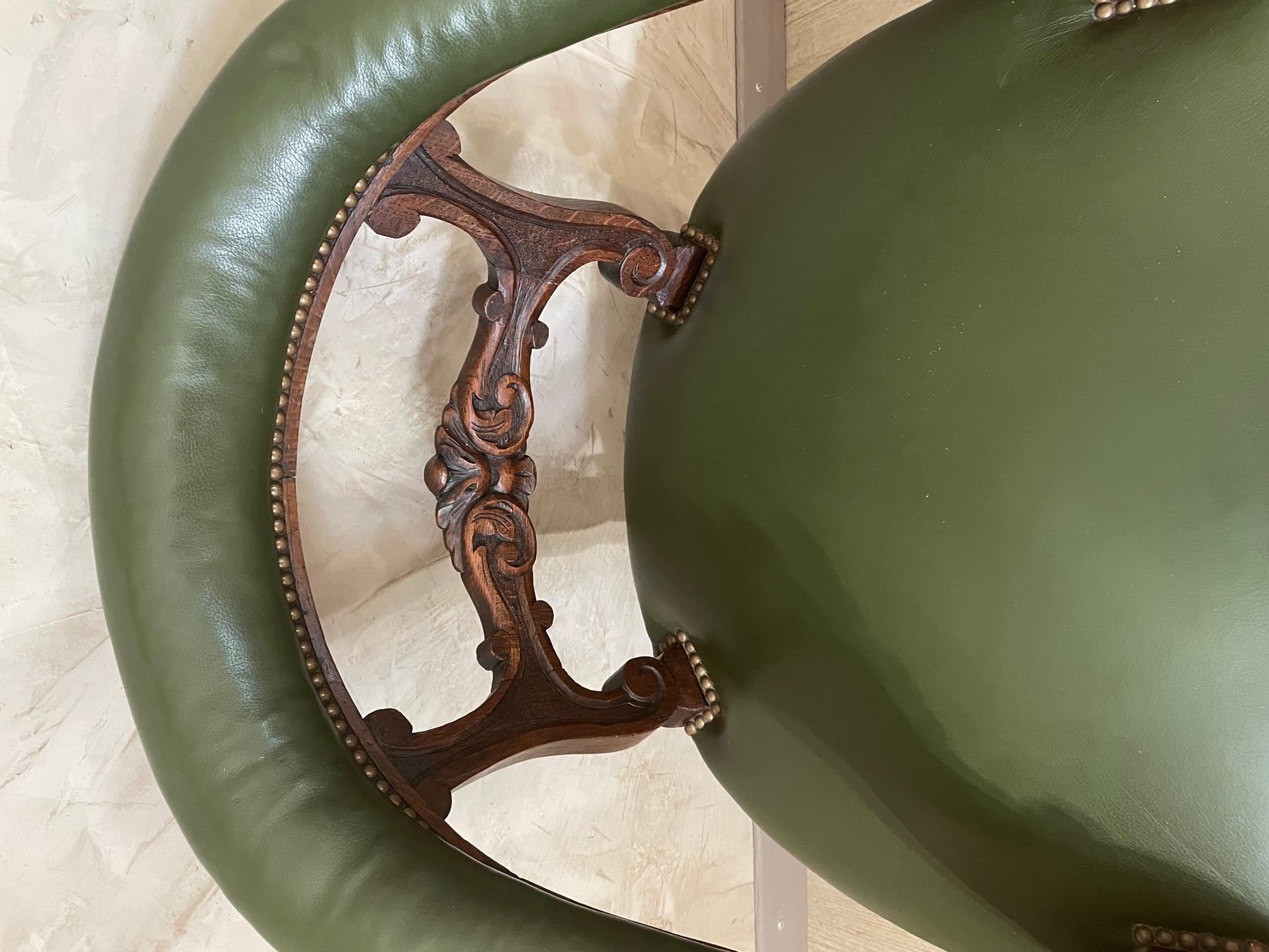 19th century Henri II Style Oak and Leather Desk Armchair, 1890s 2