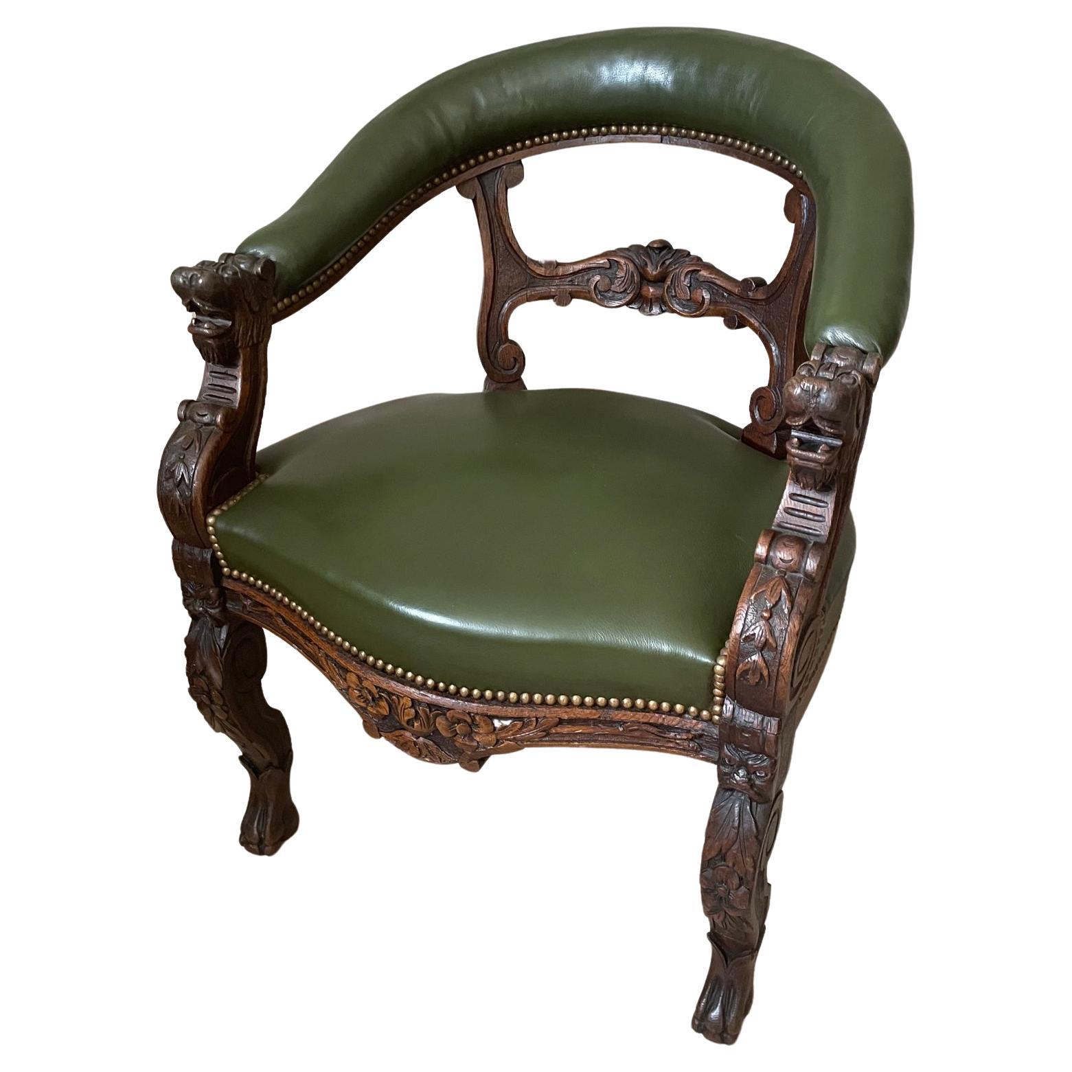19th century Henri II Style Oak and Leather Desk Armchair, 1890s