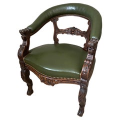 19th century Henri II Style Oak and Leather Desk Armchair, 1890s