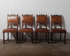 Antique Henry II Dining Chairs, Leather & Wood, Late 19th Century