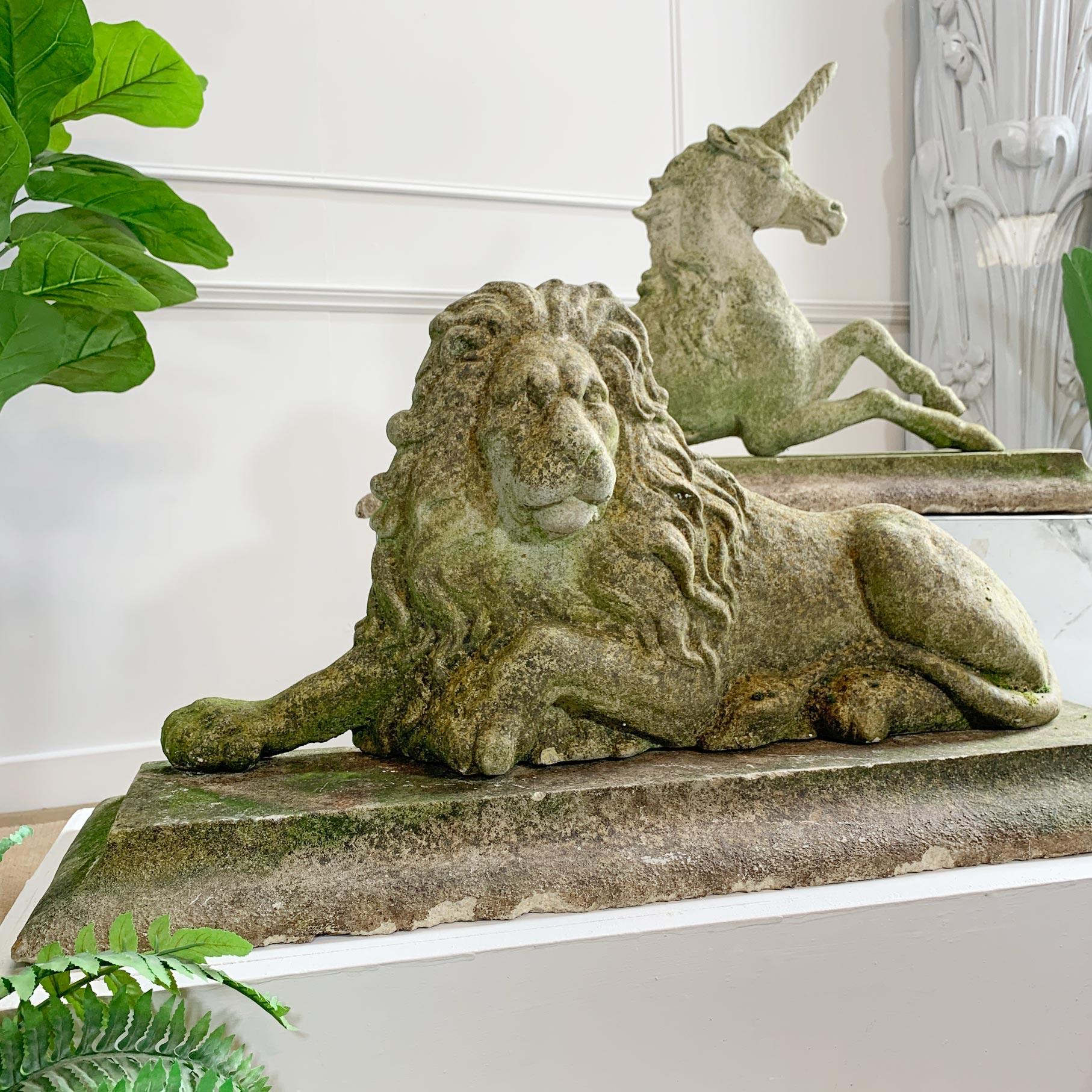 Cast Stone 19th Century Heraldic Lion and Unicorn Statues For Sale