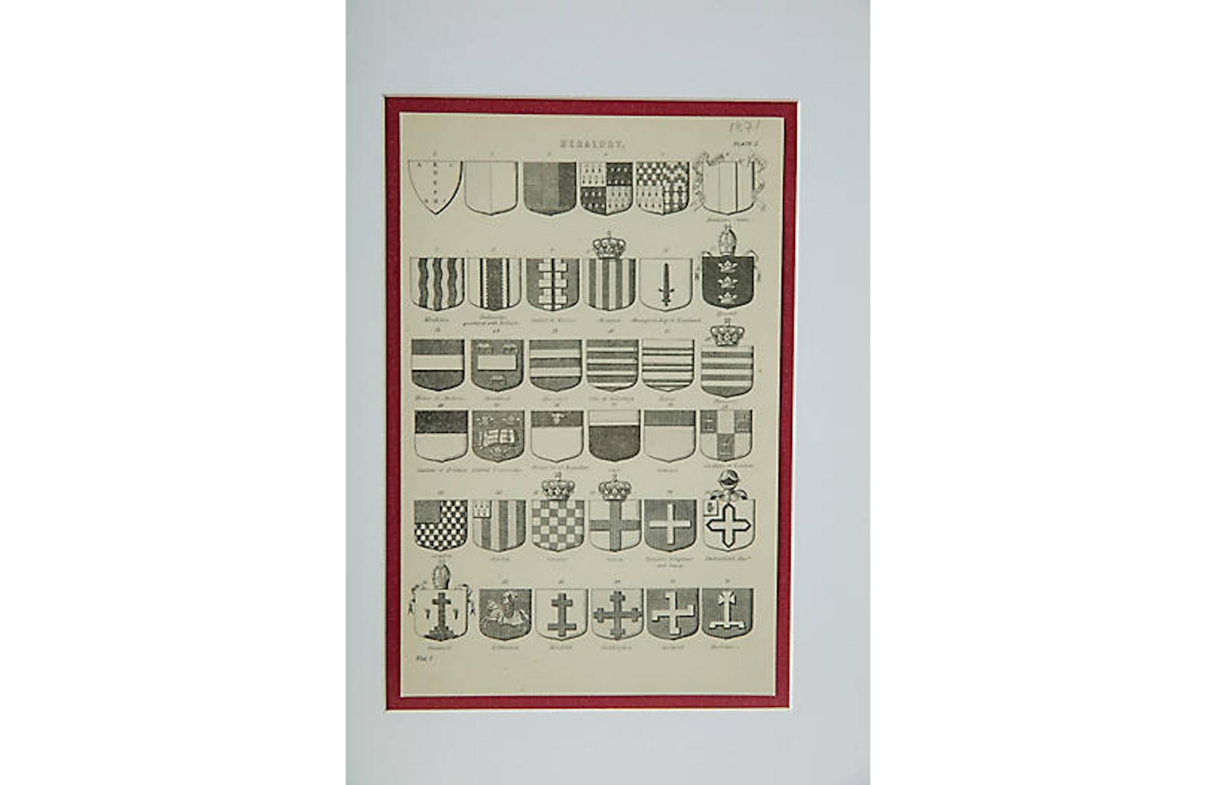 Set of late 19th century black-and-white prints of various English coats of arms. New white-painted wood frames with red and white archival double matting. Hanging wire included. Each dated 1871.
