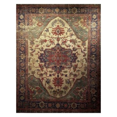Late 19th-Century Turkish Heriz Serapi, Near Square Size, Pale Yellow, Green