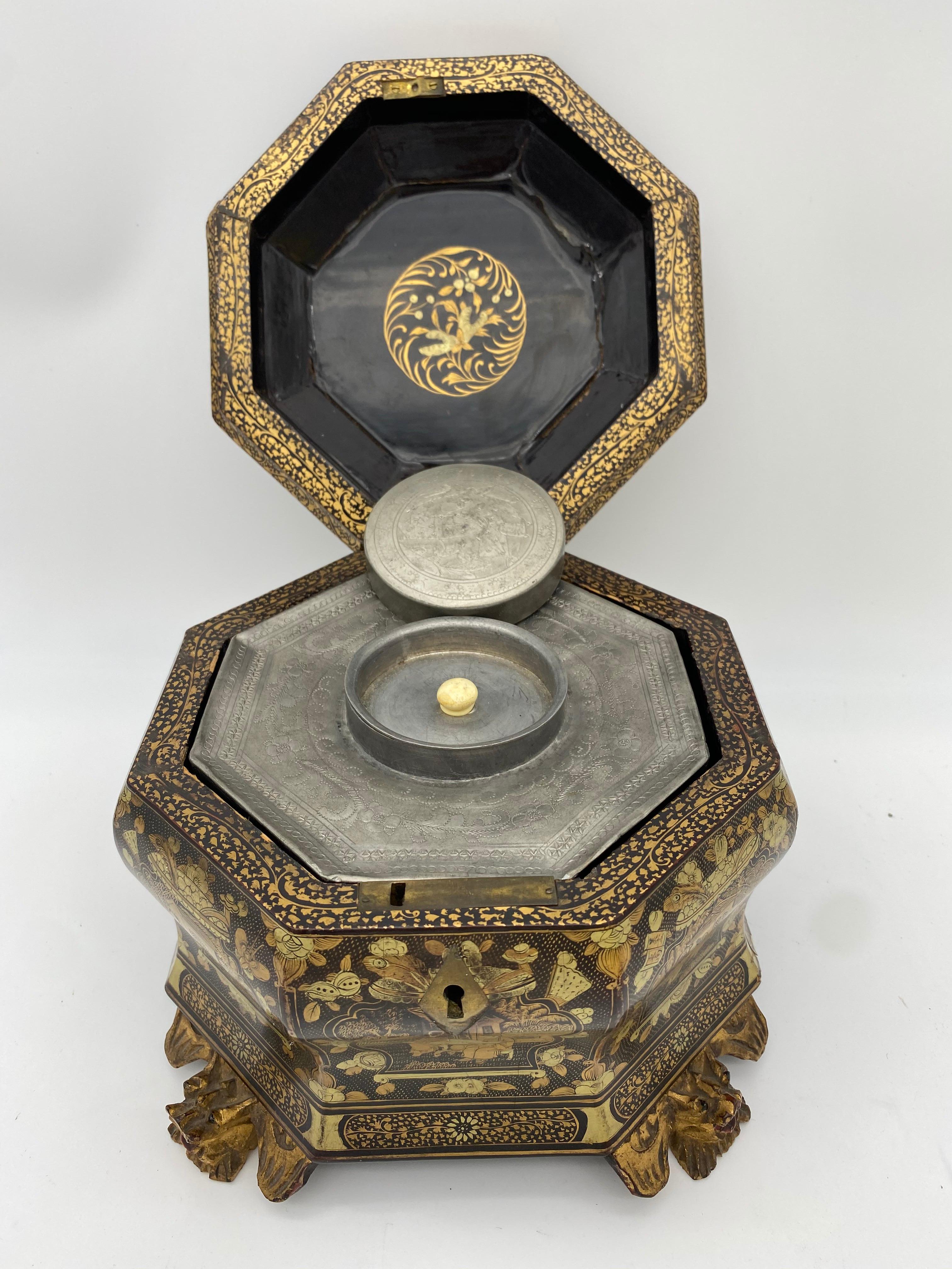 19th Century Hexagonal Black Lacquer Chinese Tea Caddy 5