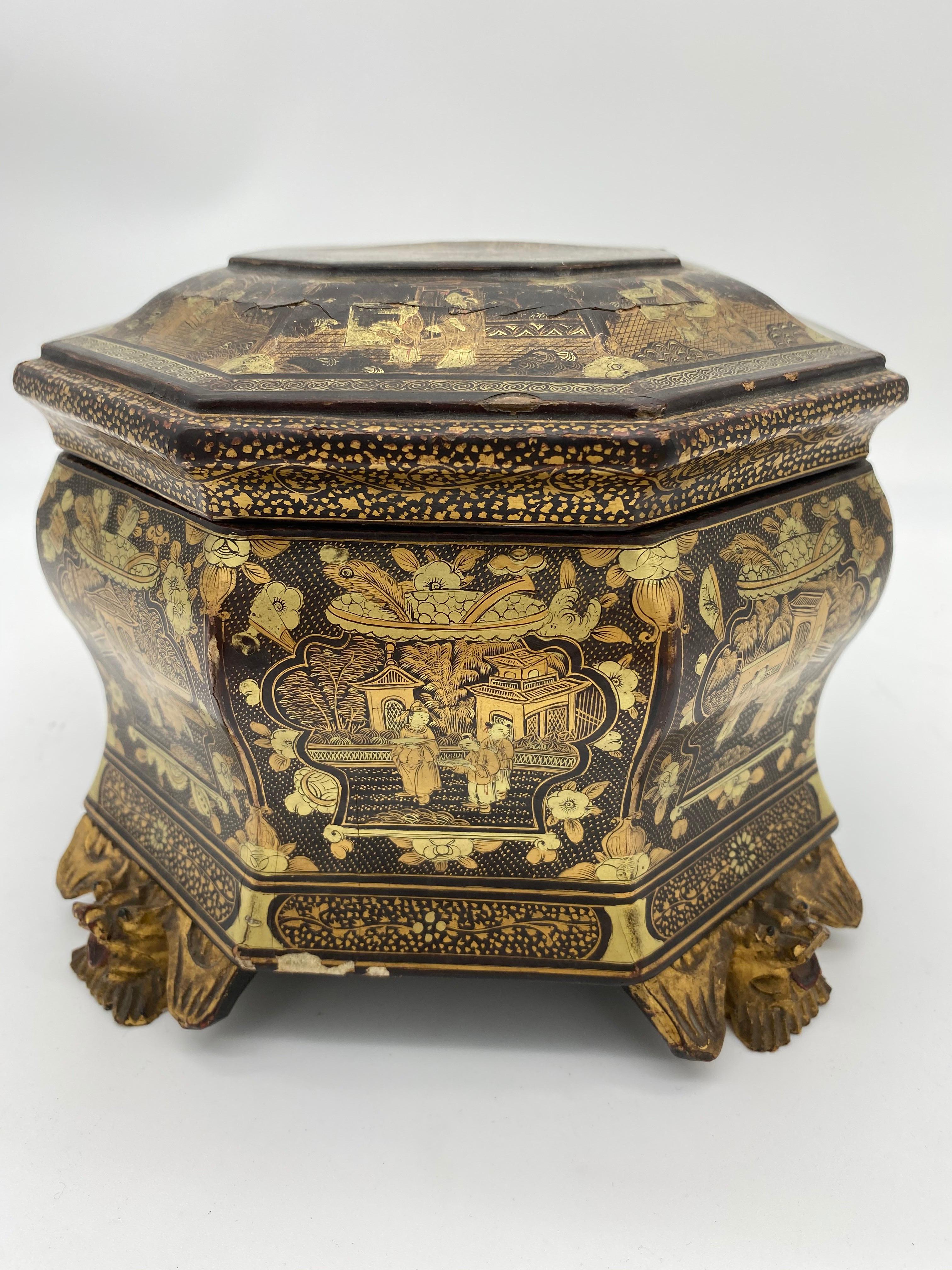 Hand-Carved 19th Century Hexagonal Black Lacquer Chinese Tea Caddy