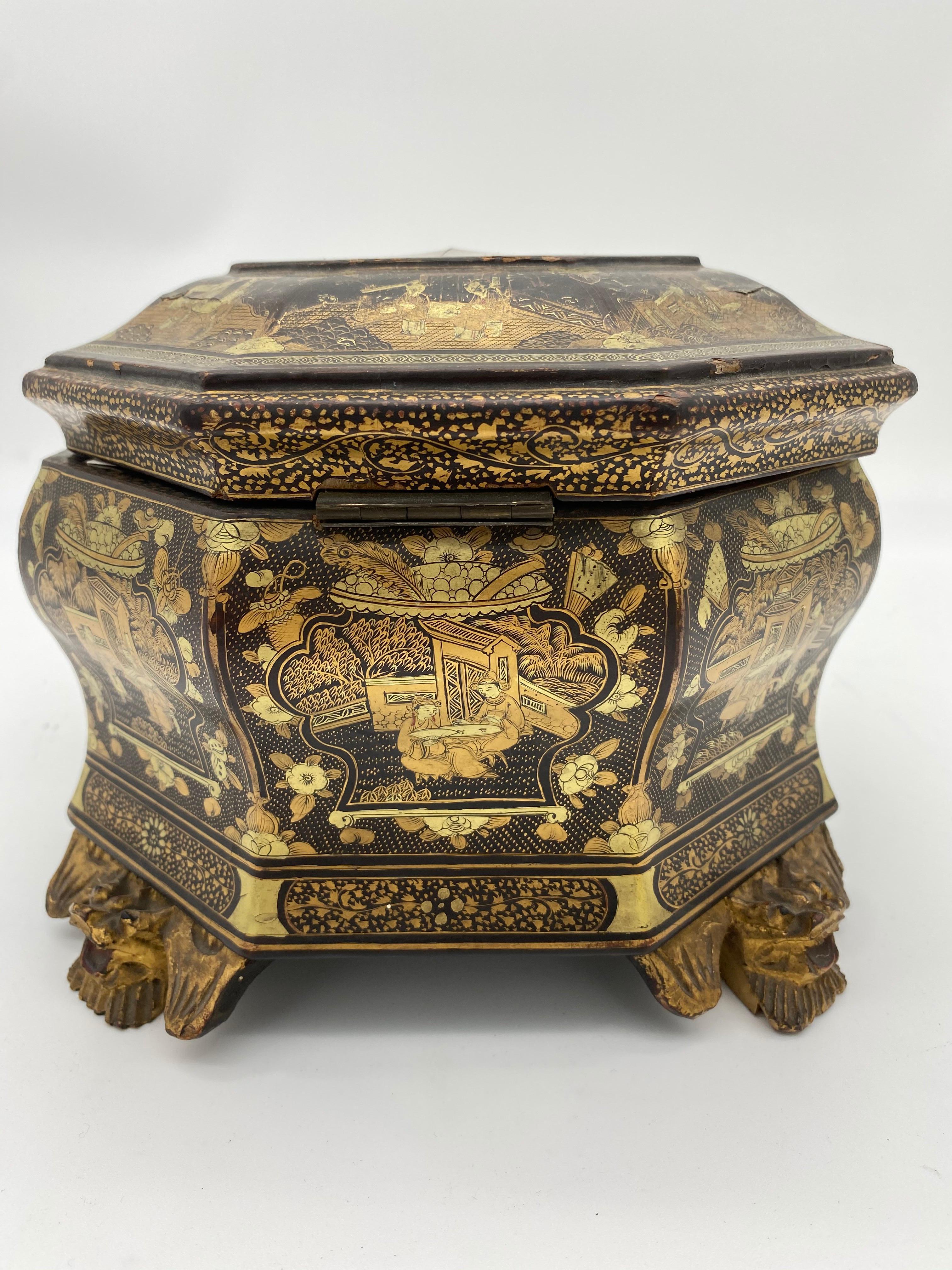 19th Century Hexagonal Black Lacquer Chinese Tea Caddy In Good Condition In Brea, CA