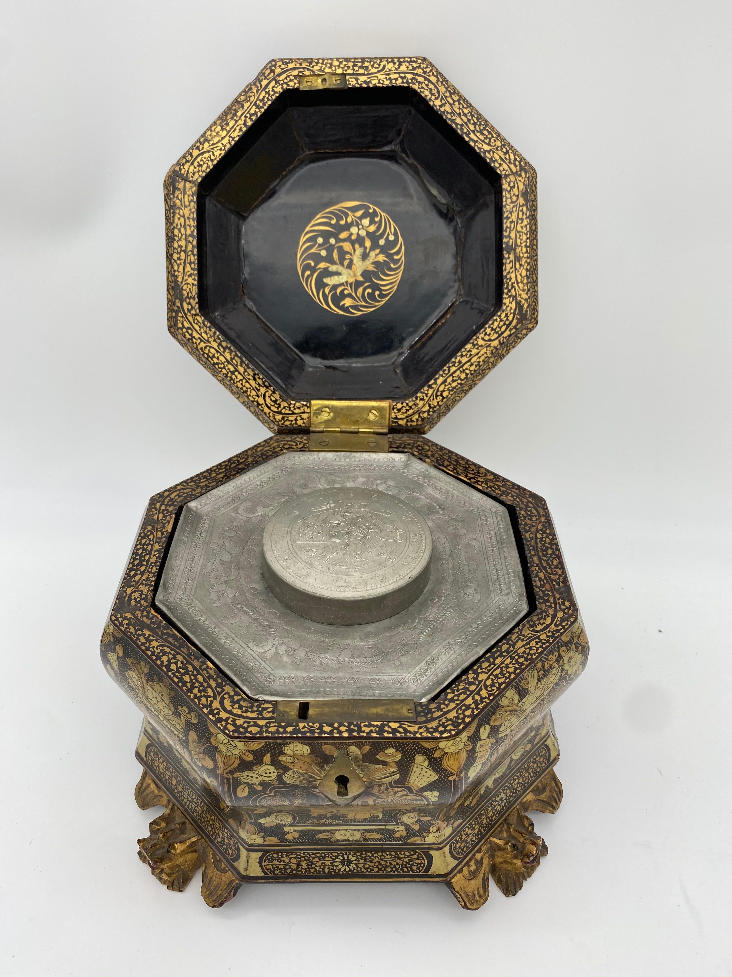 19th Century Hexagonal Black Lacquer Chinese Tea Caddy 3