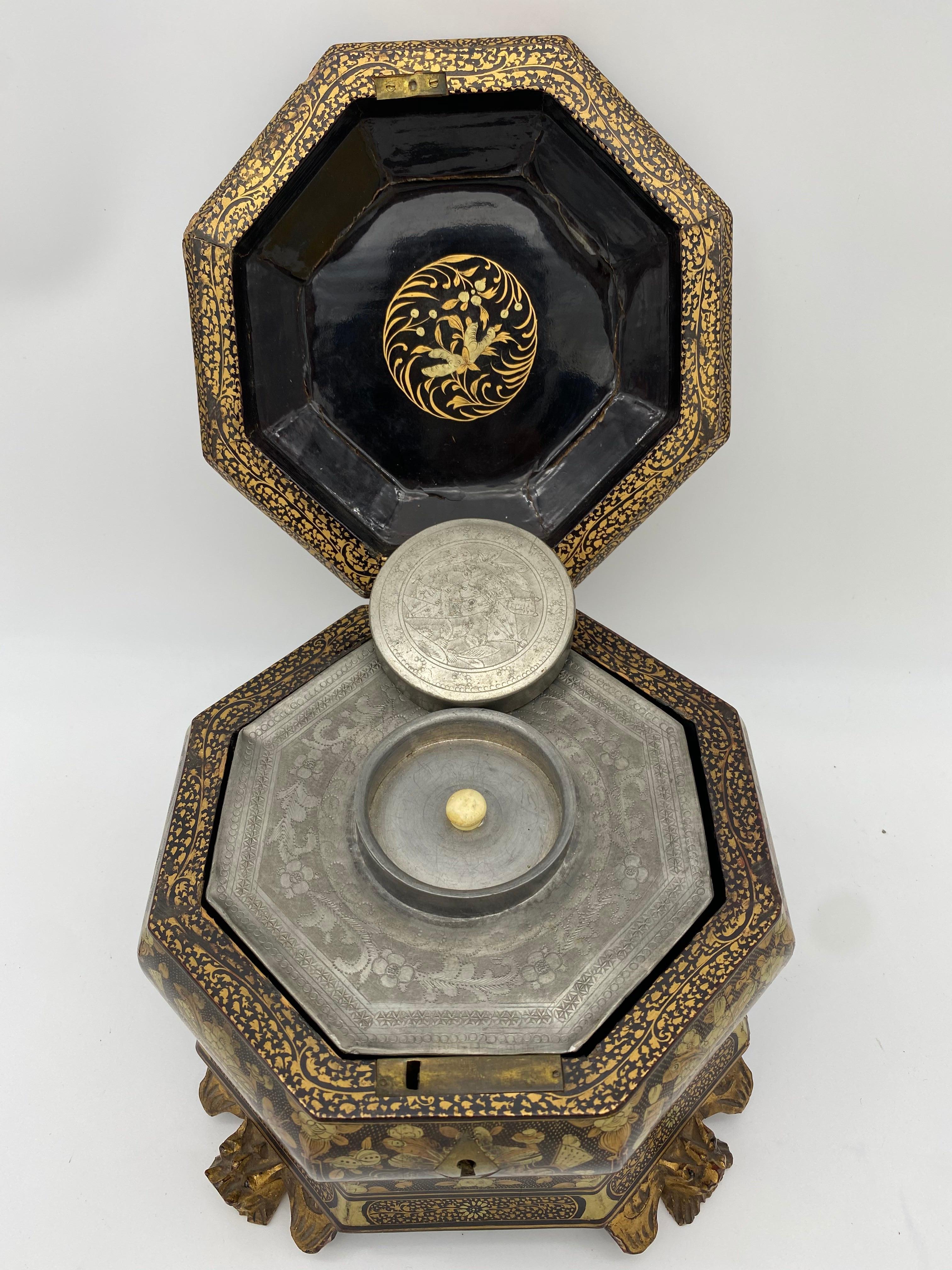 19th Century Hexagonal Black Lacquer Chinese Tea Caddy 4