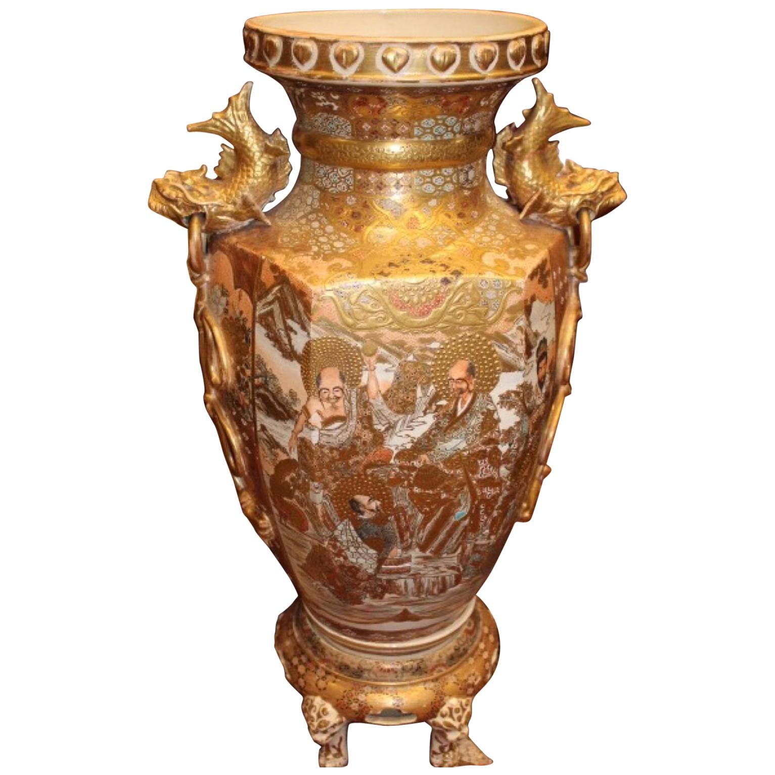 19th Century, Hexagonal Satsuma Vase Painted in Enamels, Japan For Sale