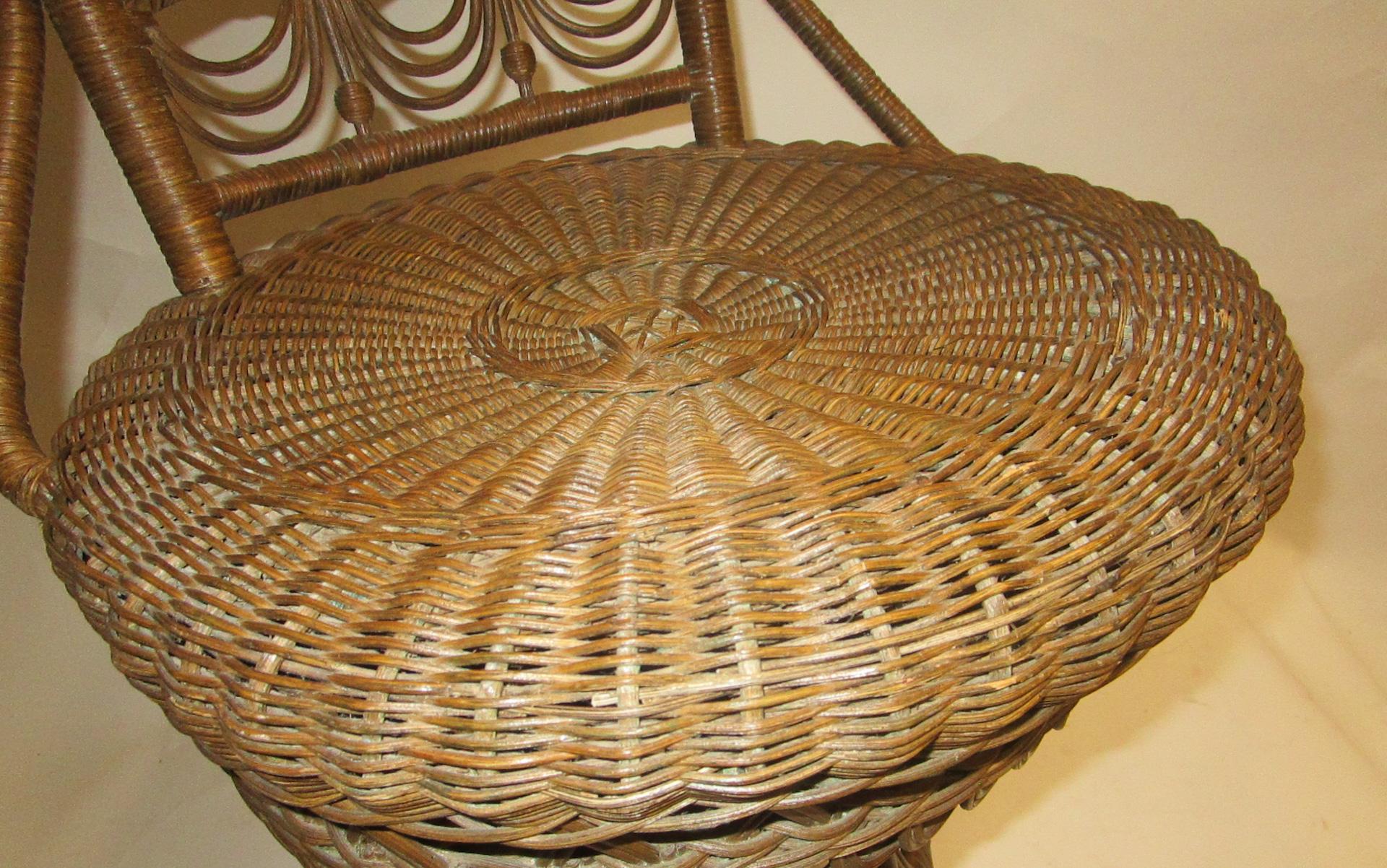 Metal 19th Century Heywood Bros. and Wakefield Co. Natural Wicker Swivel Piano Chair For Sale