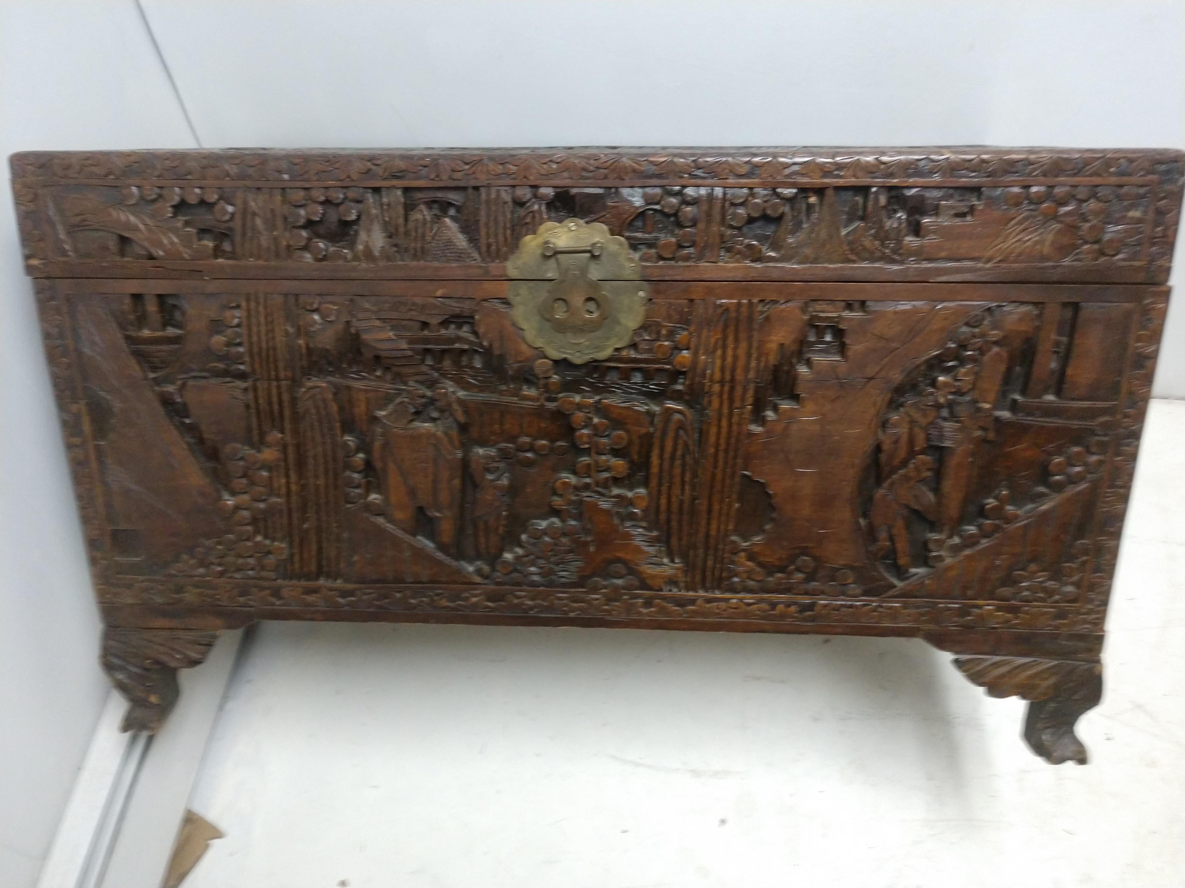 19th Century Highly Carved Asian Blanket Chest Trunk 3