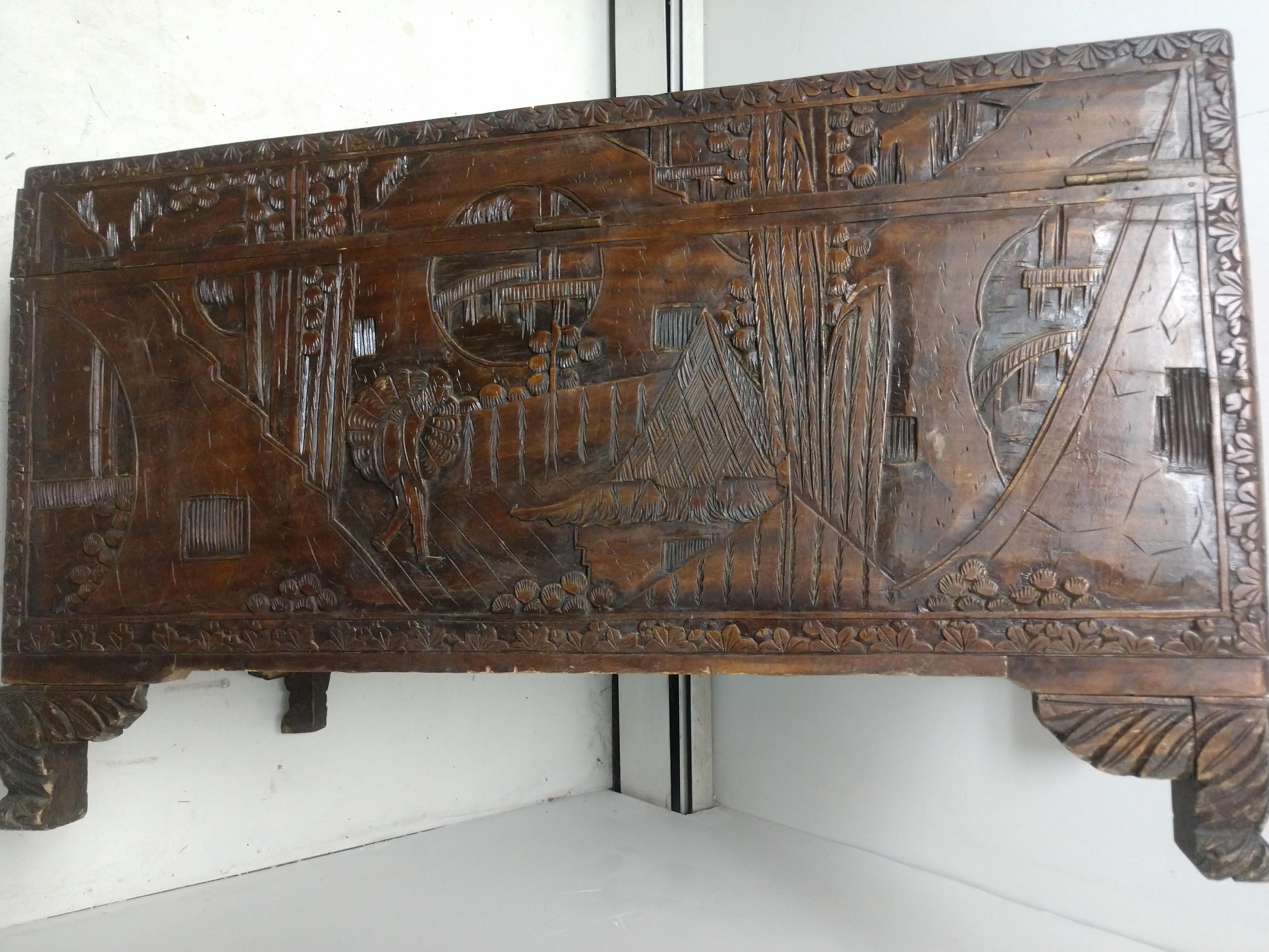 Hand-Carved 19th Century Highly Carved Asian Blanket Chest Trunk