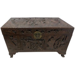 19th Century Highly Carved Asian Blanket Chest Trunk