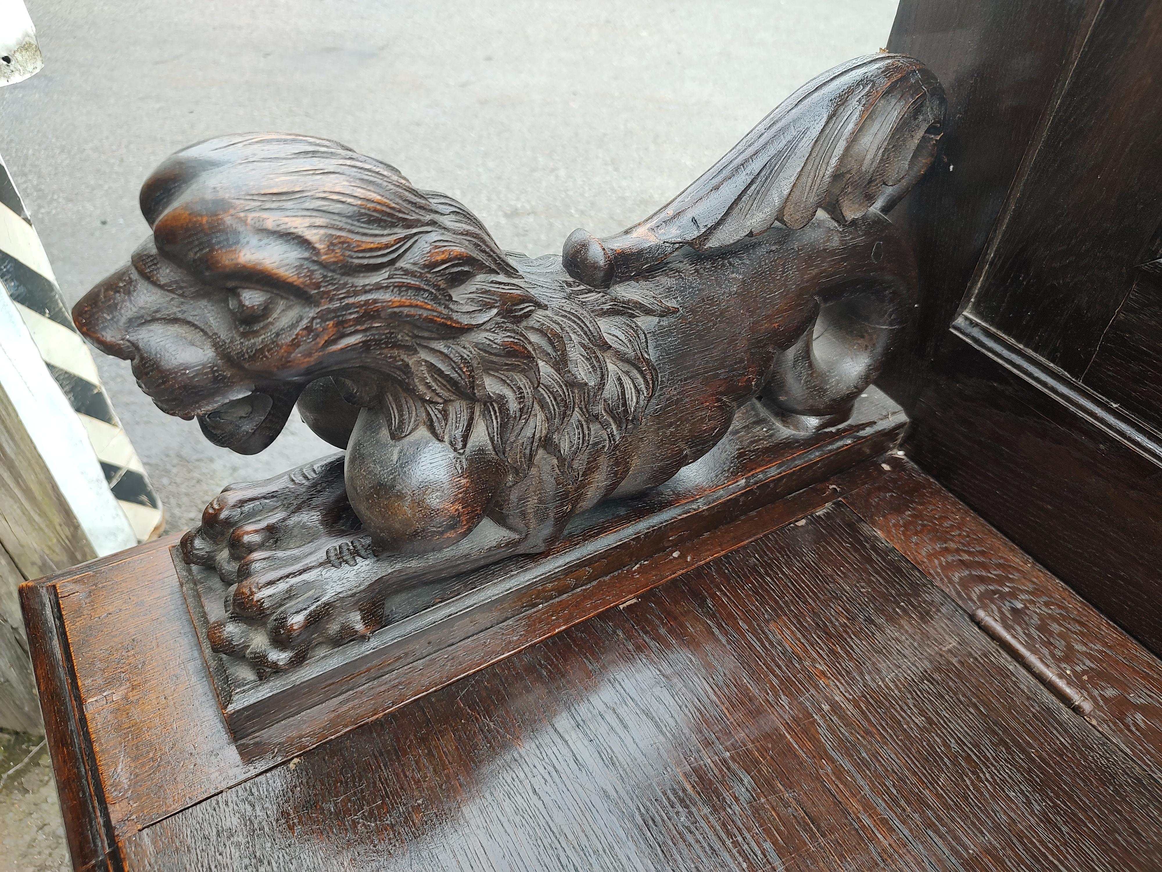 Scottish 19th Century Highly Carved English Oak Bench Hall Seat w Carved Lions & Dragons For Sale