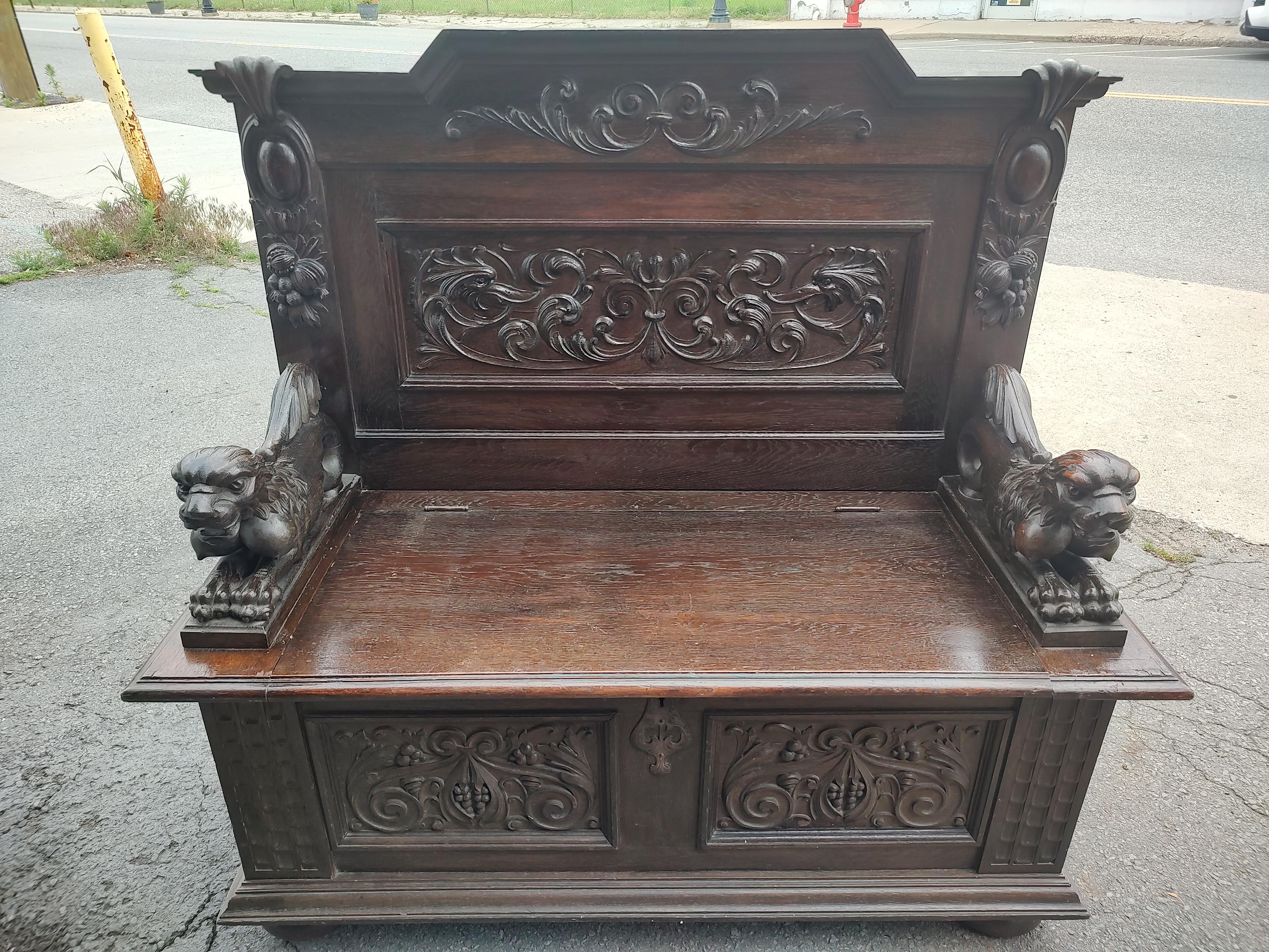 19th Century Highly Carved English Oak Bench Hall Seat w Carved Lions & Dragons For Sale 9