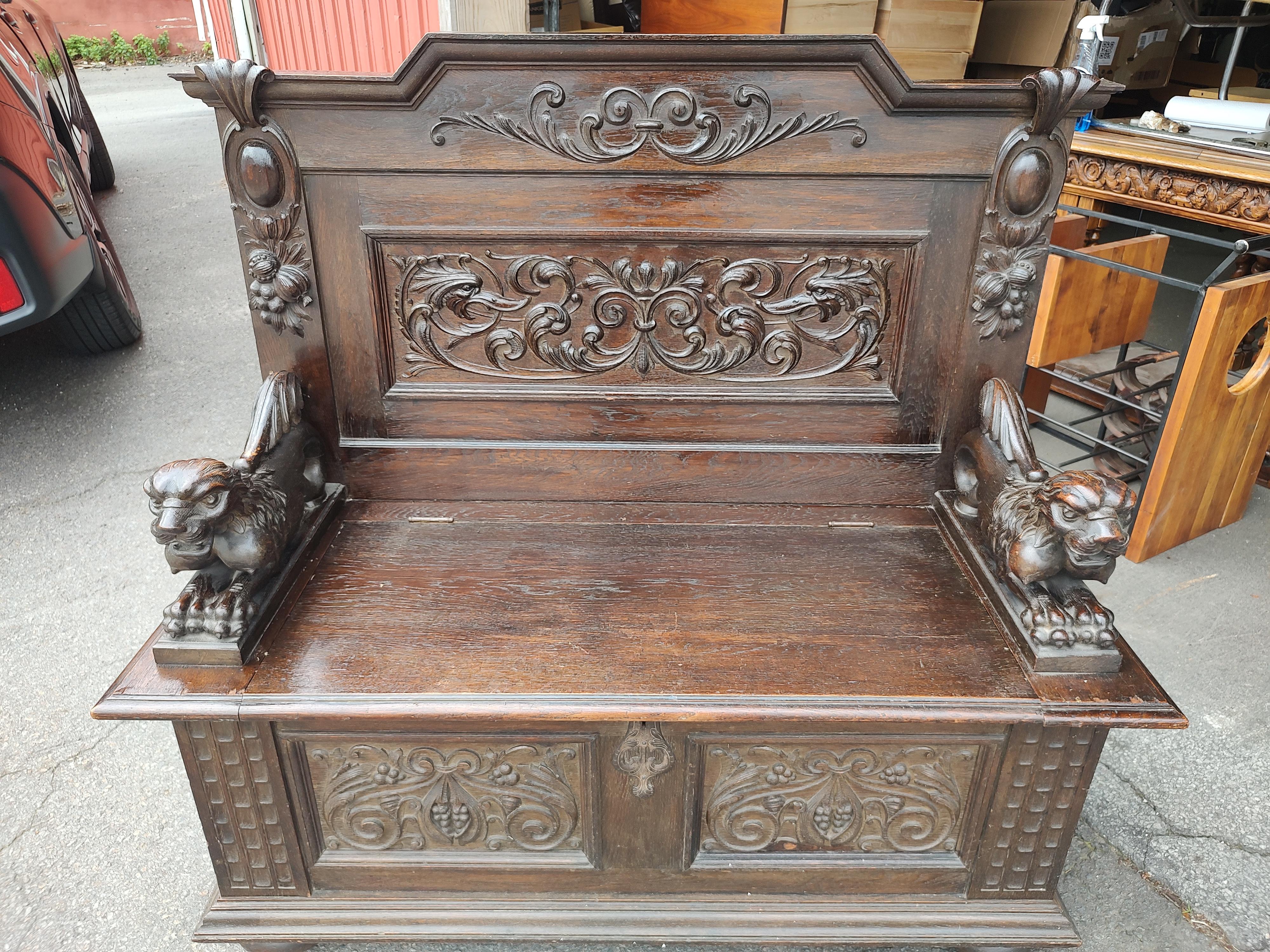 19th Century Highly Carved English Oak Bench Hall Seat w Carved Lions & Dragons For Sale 10