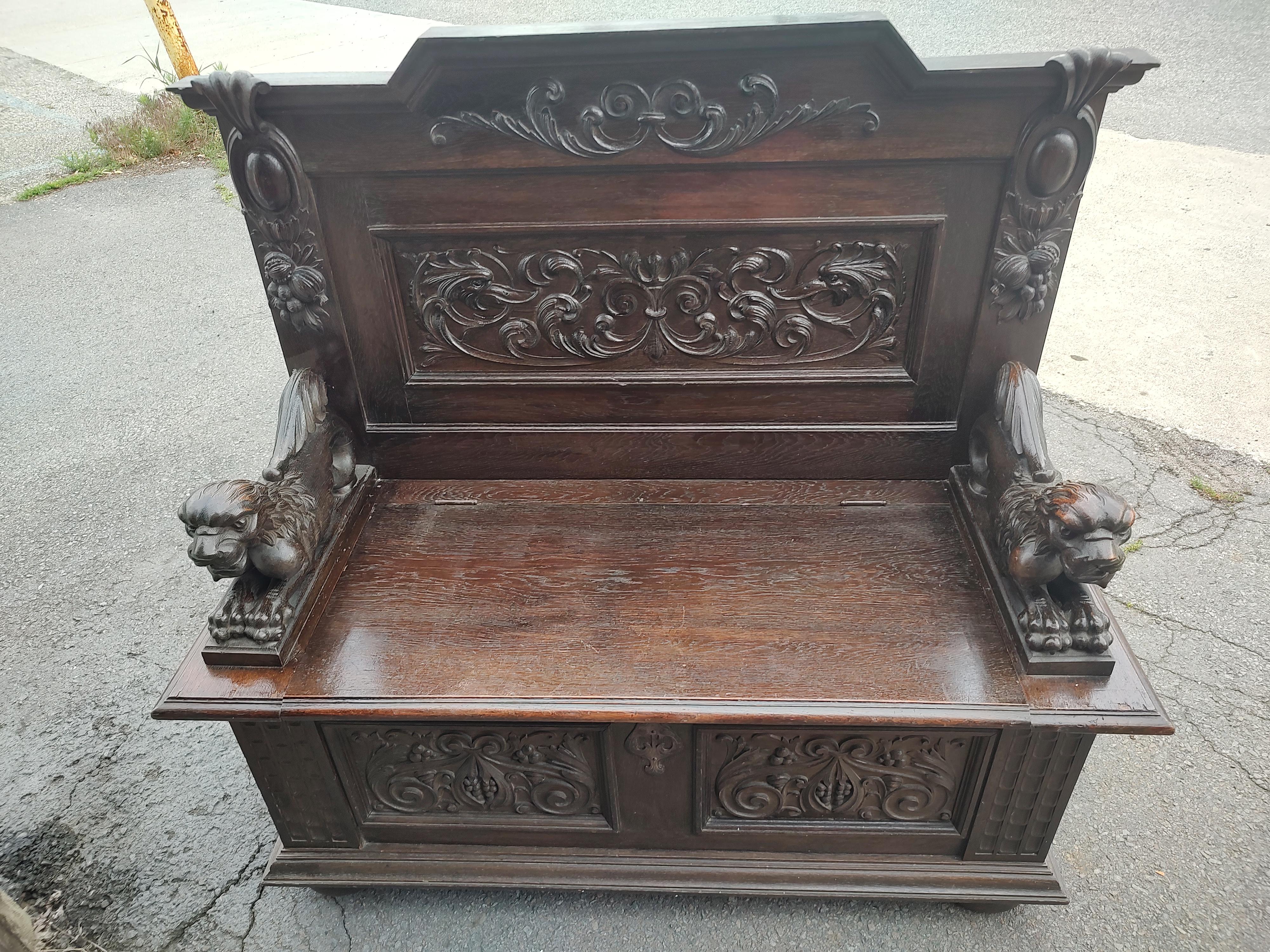 19th Century Highly Carved English Oak Bench Hall Seat w Carved Lions & Dragons In Good Condition For Sale In Port Jervis, NY