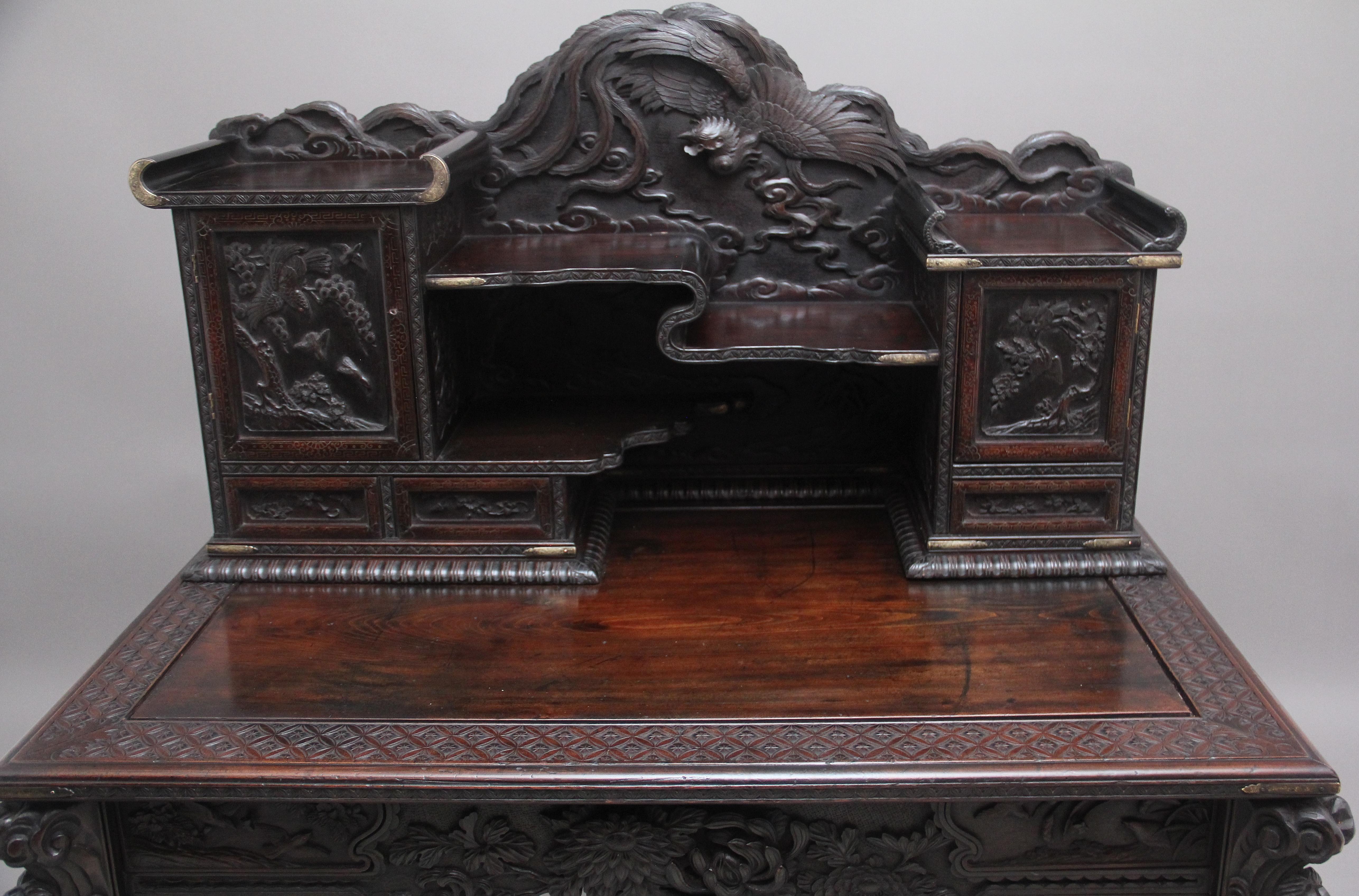 19th Century Highly Carved Japanese Desk and Chair 1