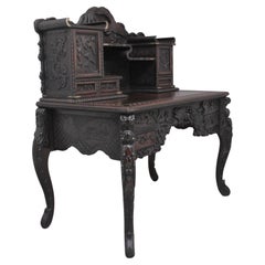 19th Century Highly Carved Japanese Desk and Chair