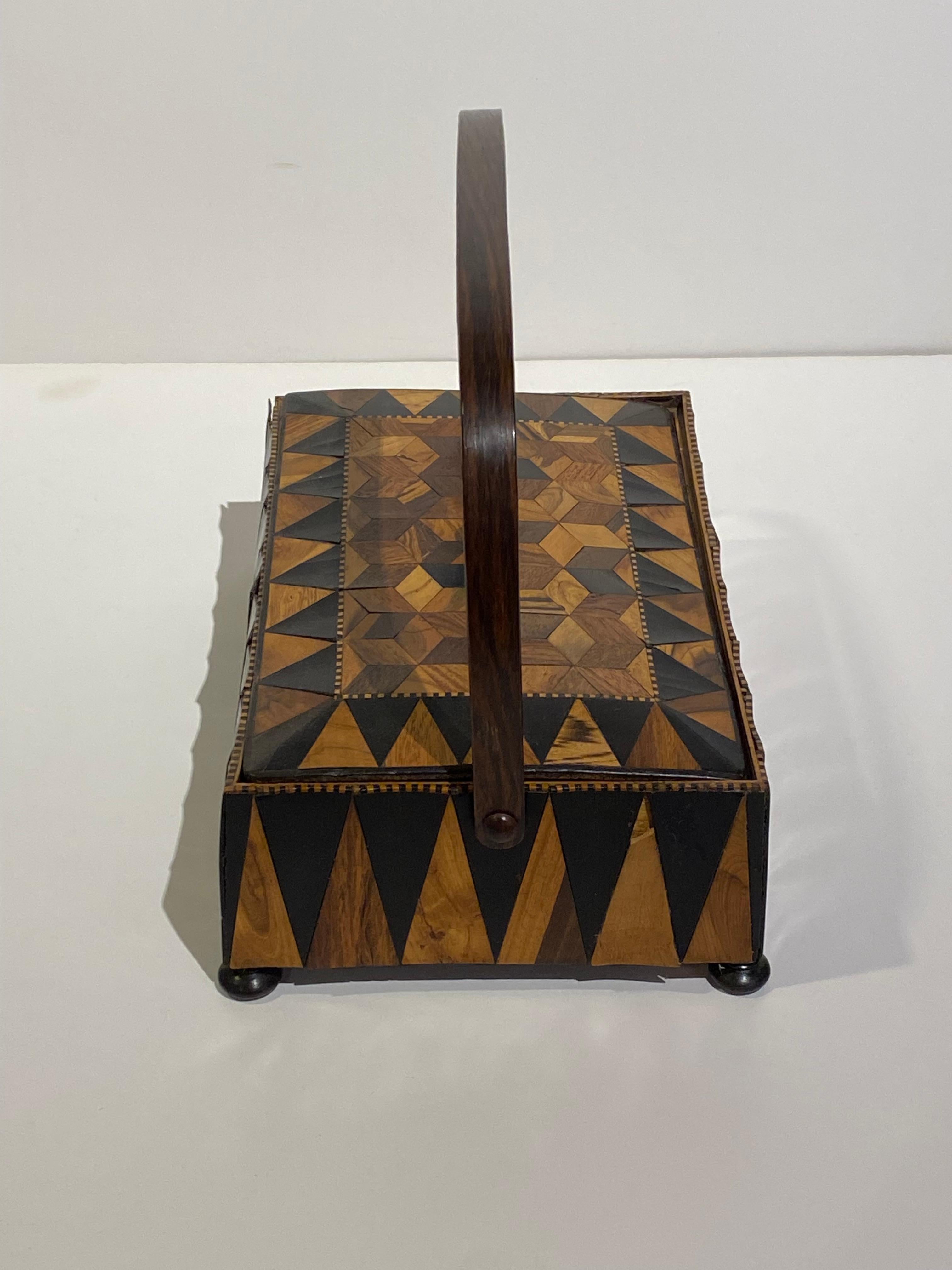 Highly Decorative Rectangular 19th Century Walnut Trunbridge Parquetry Box with Handle and Bun Feet From England. 9