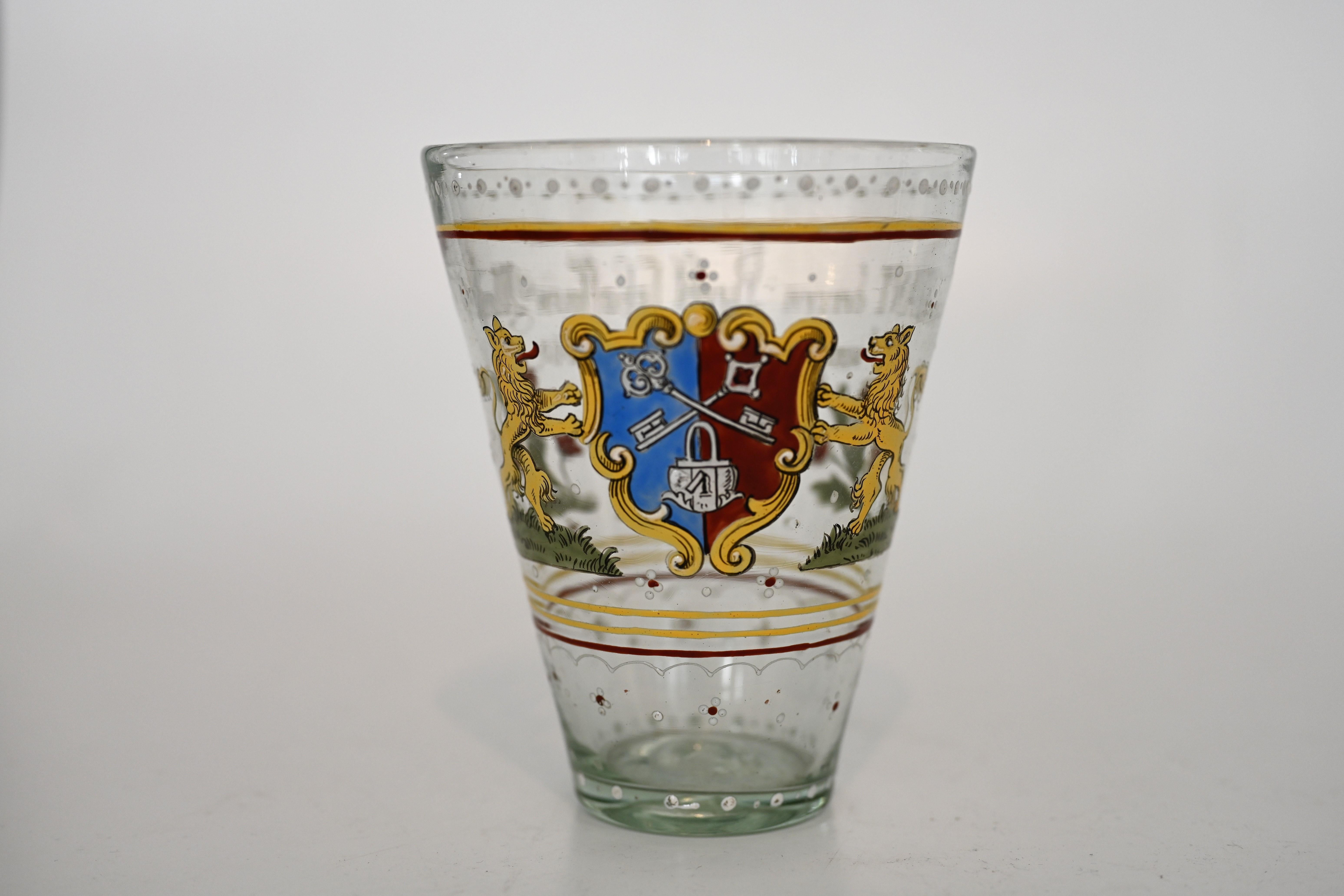 German 19th Century Historicism Glass Painted Enamel Colors Lions Locksmiths' Guild For Sale