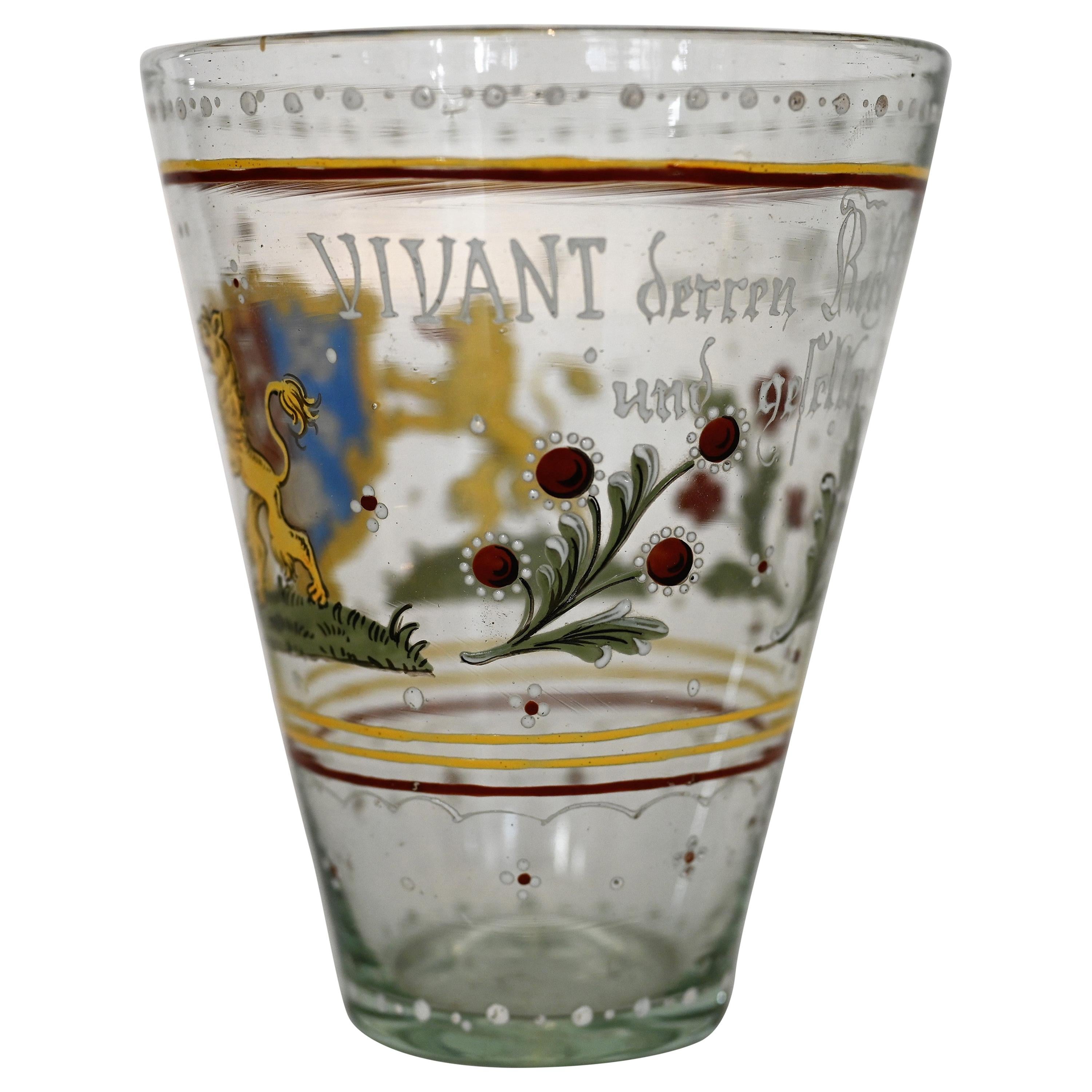 19th Century Historicism Glass Painted Enamel Colors Lions Locksmiths' Guild For Sale