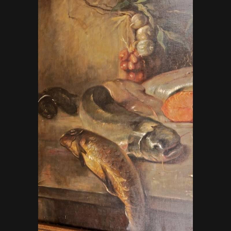 Monumental oil painting with fish motives, measures: 163 x 115 cm.
Oil on canvas. Absolutely naturalistic painting. A unique occurrence.

(S-91).