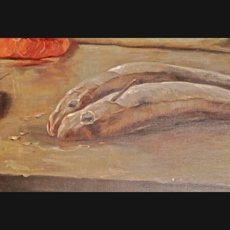 German 19th Century Historicism Oil Painting Fish Motives For Sale