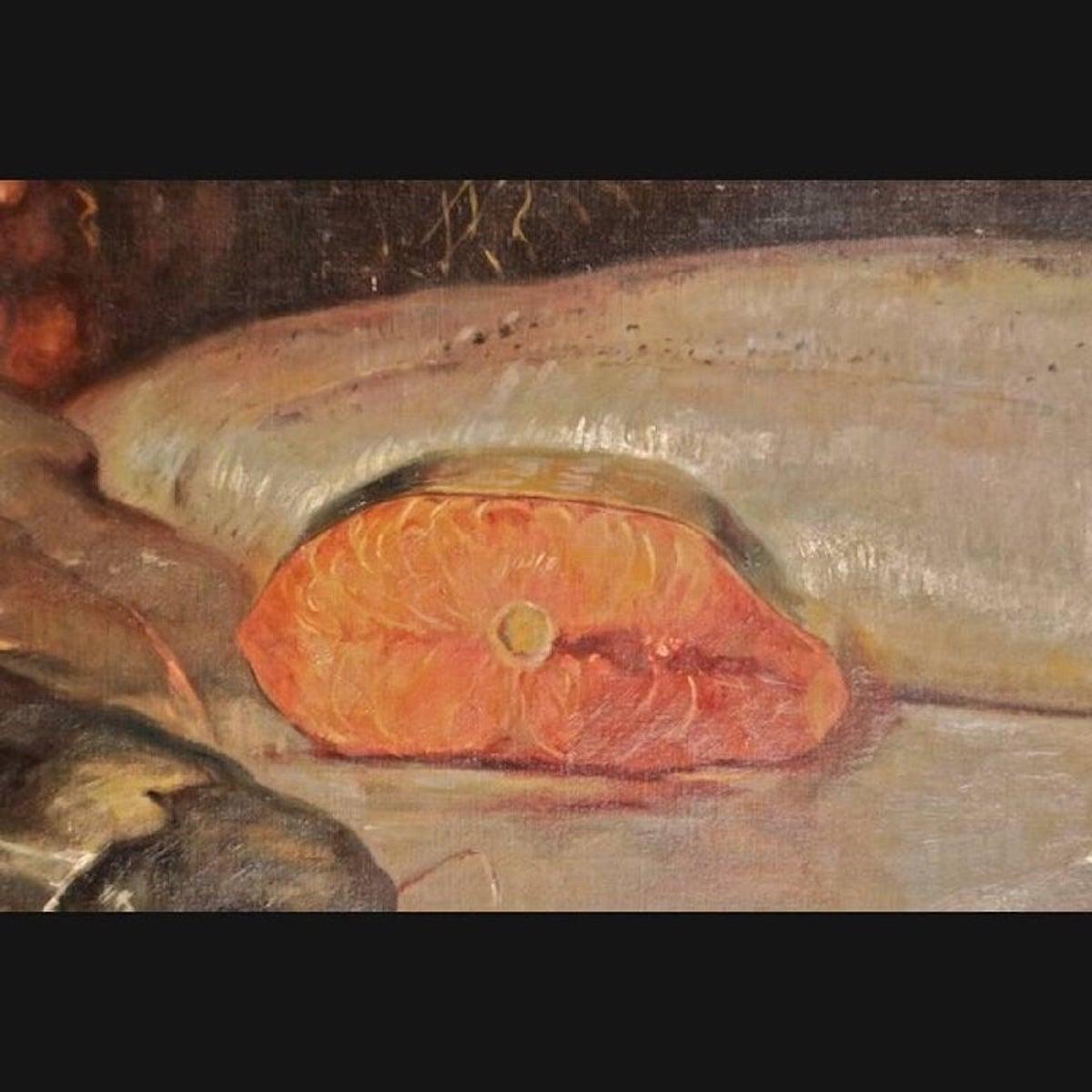 Pittura ad olio dello storicismo del XIX secolo Motivi di pesce in vendita 1