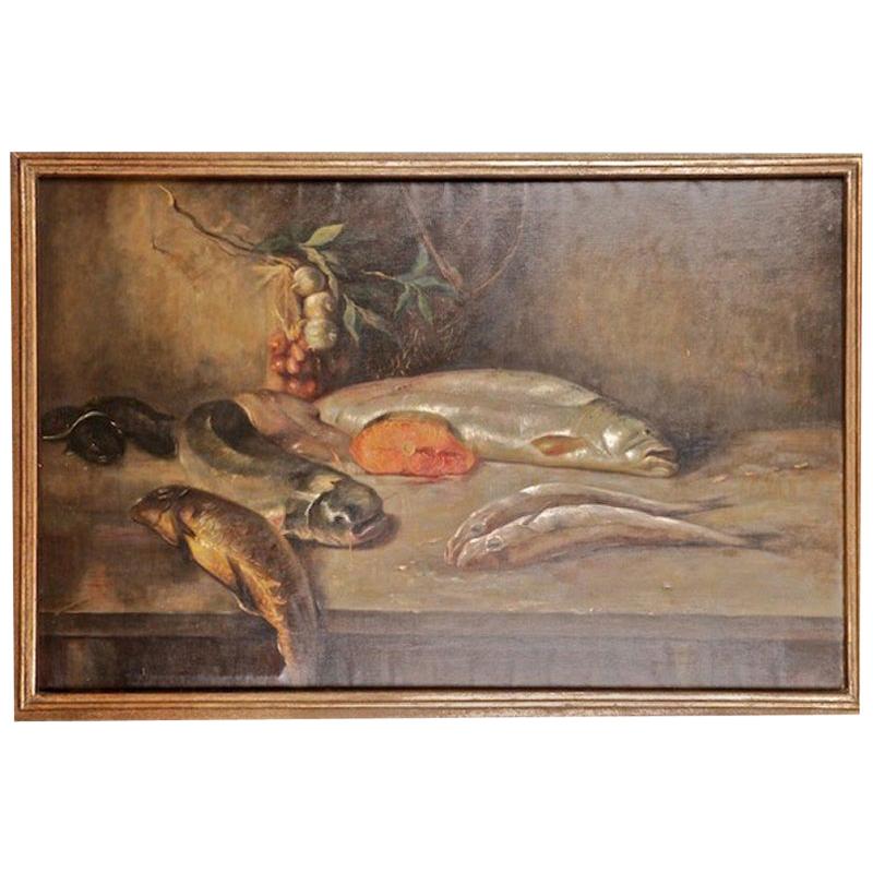 19th Century Historicism Oil Painting Fish Motives For Sale