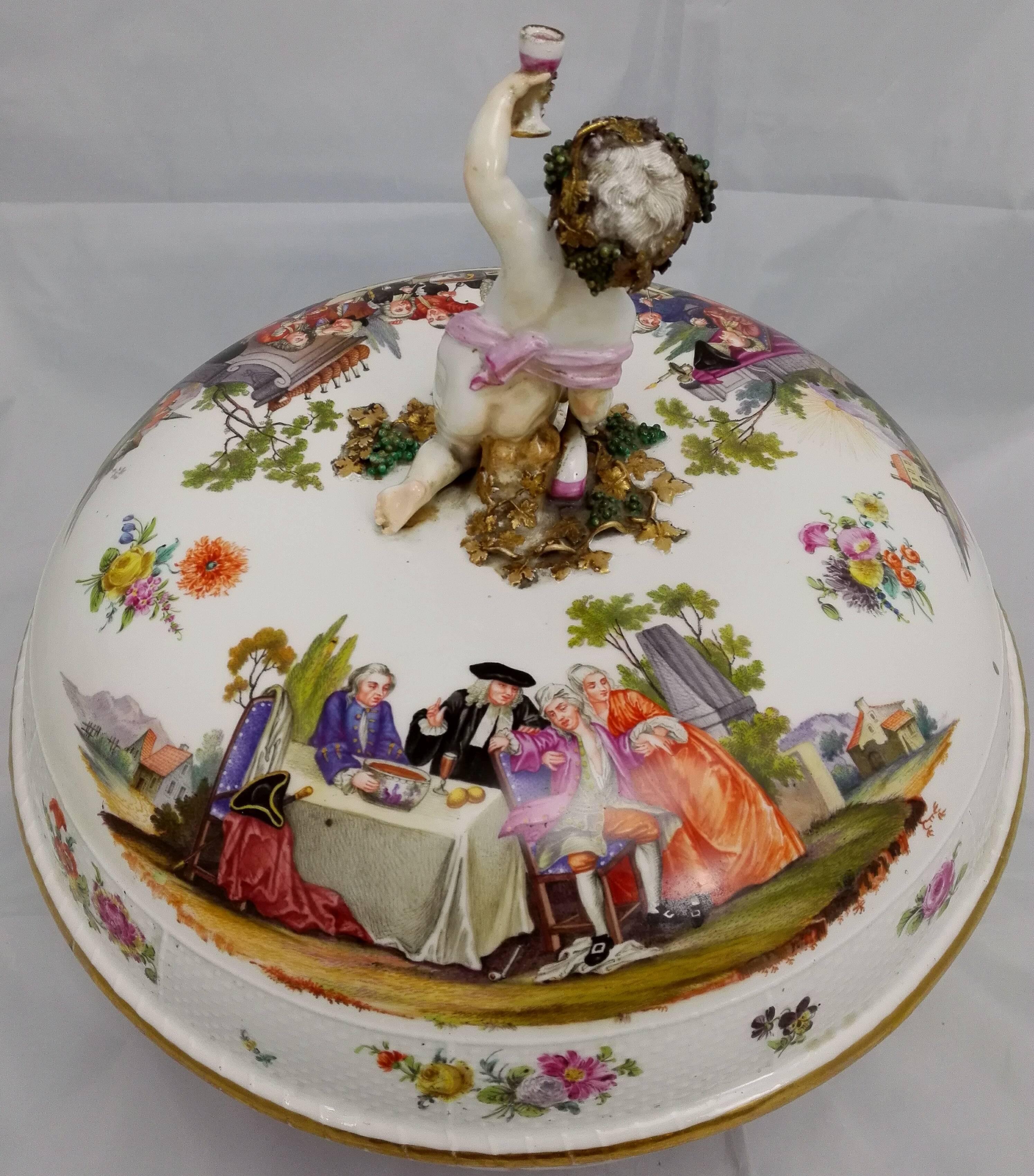 19th Century Historismus Painting Meissen Lid Punsch Hardpaste Porcelain Bowl For Sale 4