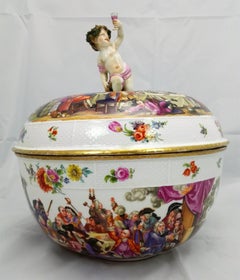 19th Century Historismus Painting Meissen Lid Punsch Hardpaste Porcelain Bowl