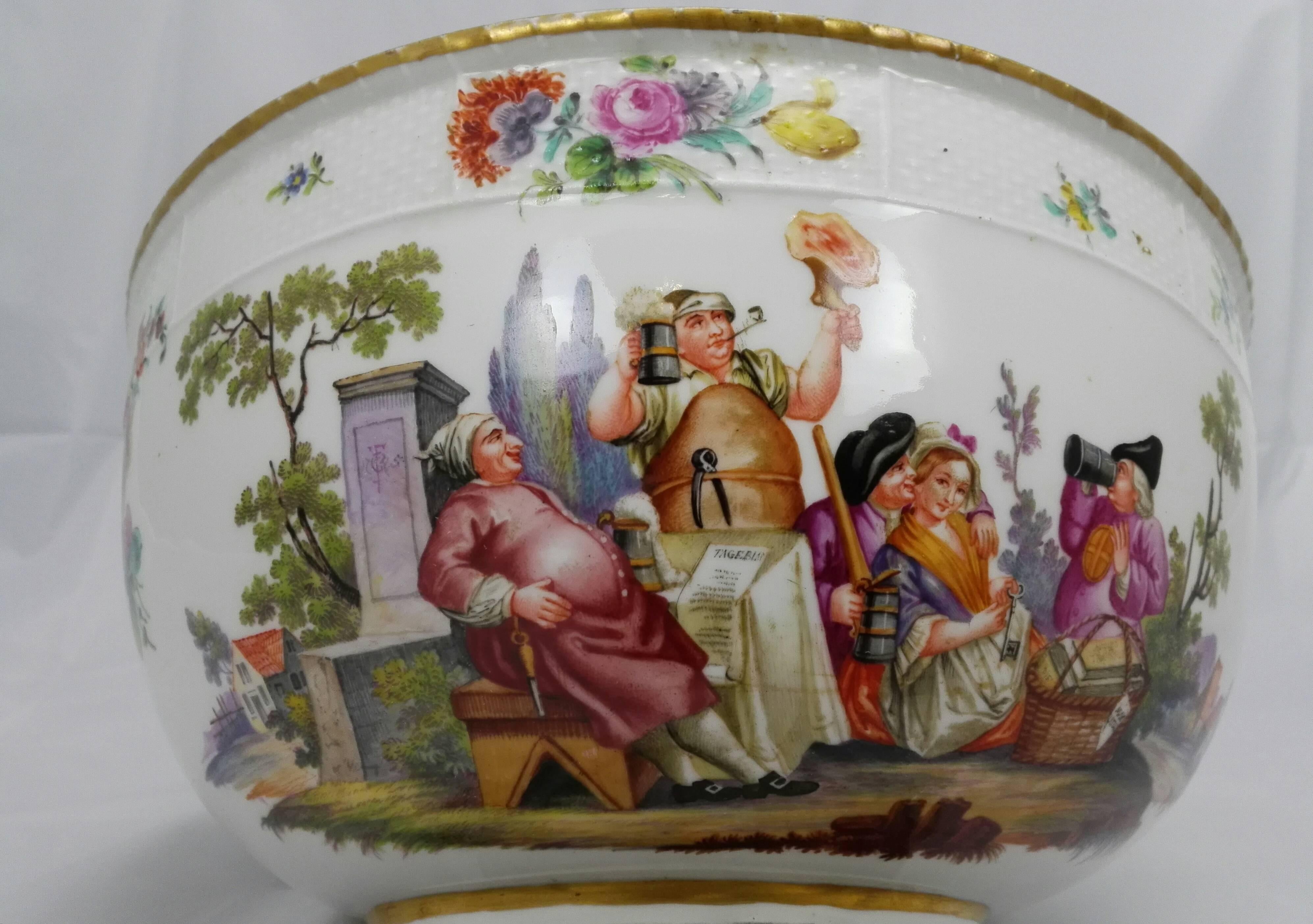 19th Century Historismus Painting Meissen Lid Punsch Hardpaste Porcelain Bowl In Good Condition For Sale In Osnabrück, DE