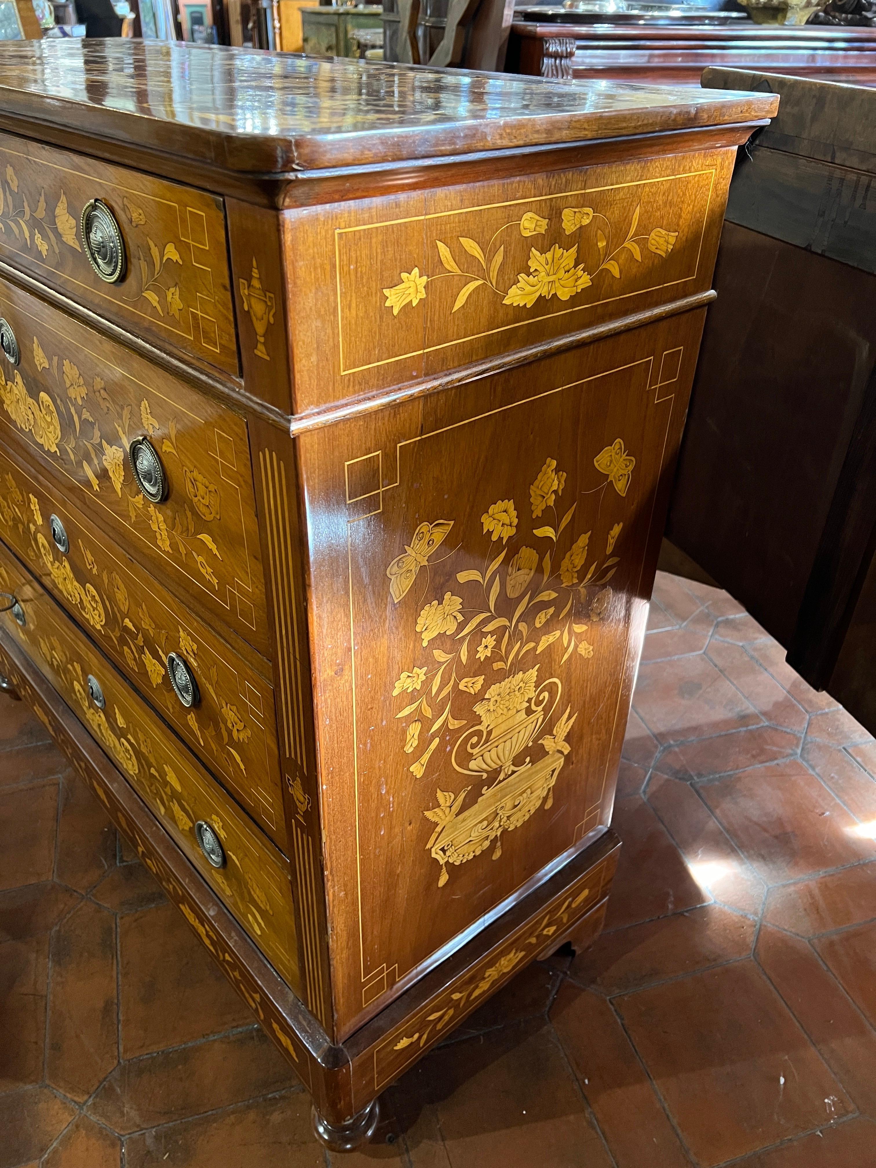 Dutch 19th Century Holland Charles X Mahogany Inlaid Chest of Drawers 1820s For Sale