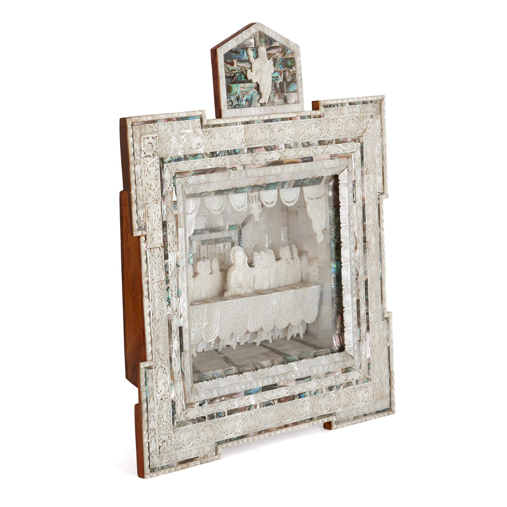 This fantastic mother-of-pearl icon was made in Jerusalem at the end of the 19th century, and is beautifully carved with mother-of-pearl and set with abalone. The central scene shows the Last Supper of Christ, with Jesus shown at the centre of a
