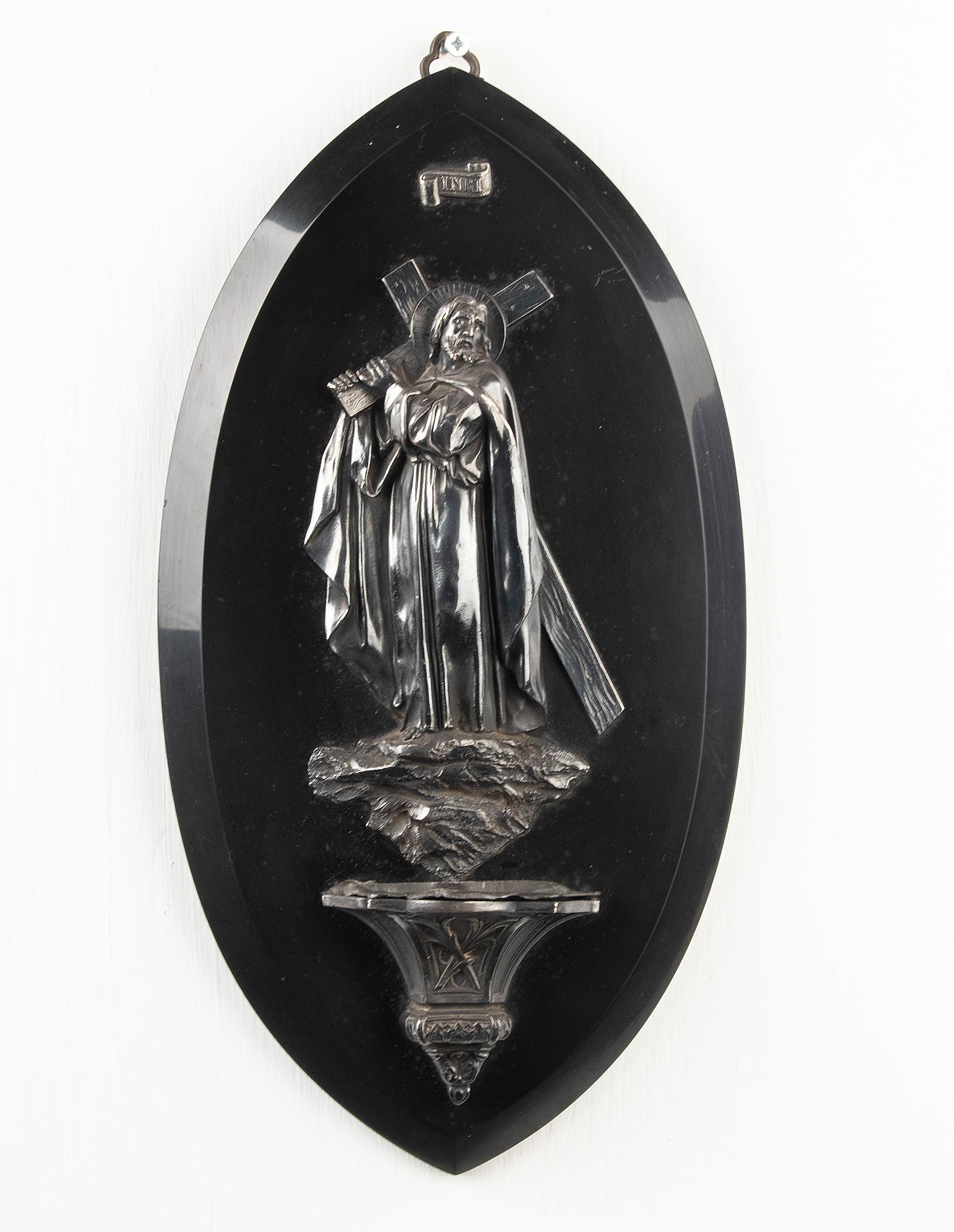 Belgian 19th Century Holy Water Font Depicting Jesus Christ, Silver-Plated Brass