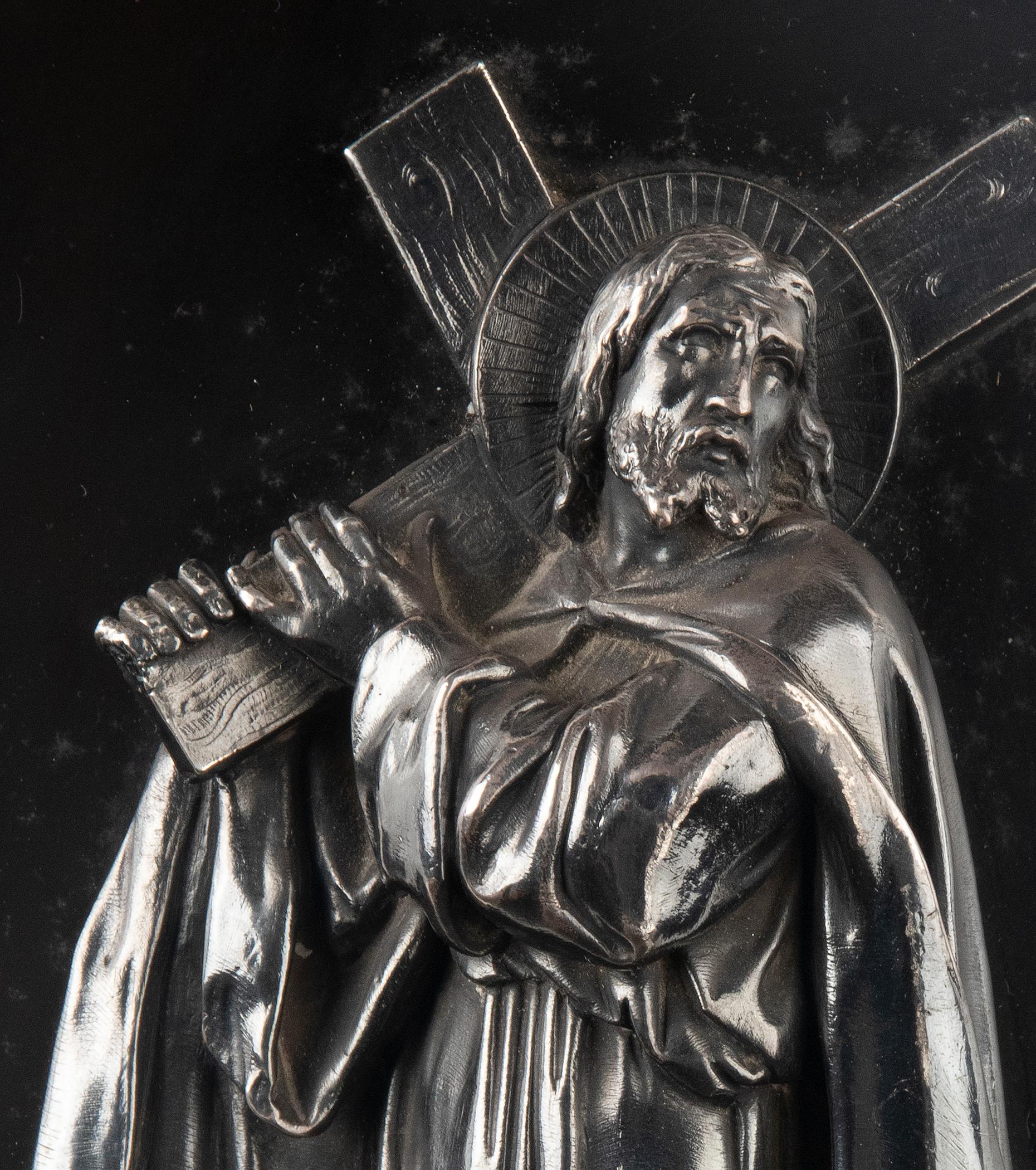 19th Century Holy Water Font Depicting Jesus Christ, Silver-Plated Brass 1
