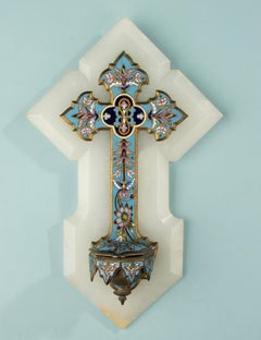 19th Century Holy Water Font - France - Onyx - Cloisonné Enamel Bronze Cross