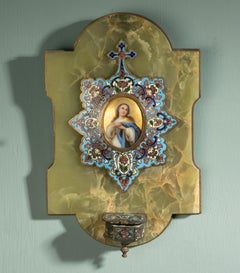 19th Century Holy Water Font - Onyx Porcelain and Bronze Cloisonné - Holy Mary
